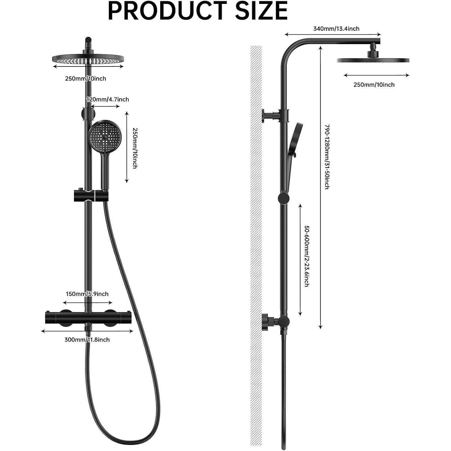 # Produktgrößendiagramm eines wandmontierten Duschtops mit Kopfbrause und Handbrause, mit Abmessungen in Millimetern und Zoll.