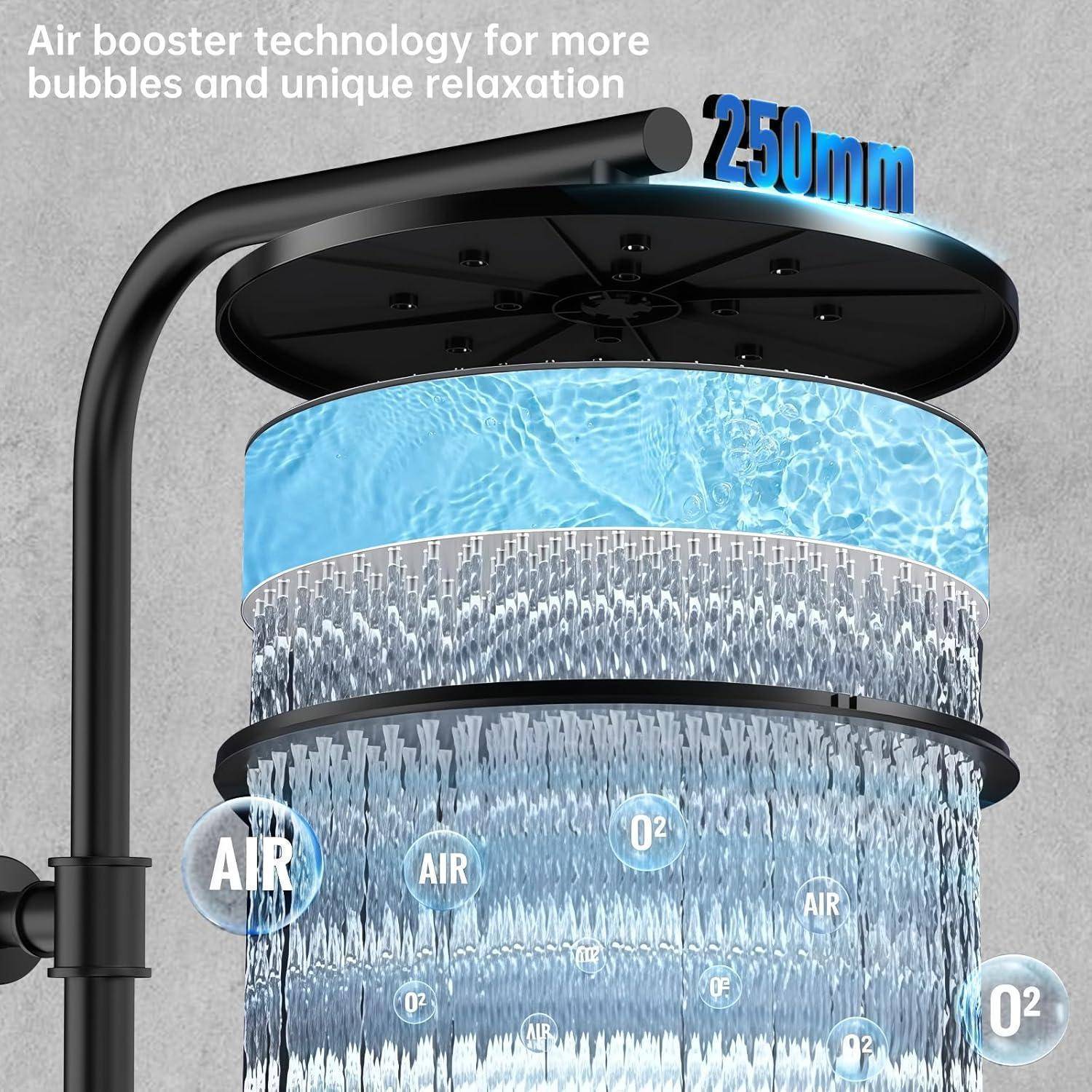 Diagramm einer 250-mm-Duschkopf mit Air-Booster-Technologie, die Luft und O2 in Wasser mischt, um mehr Blasen und Entspannung zu erzeugen.