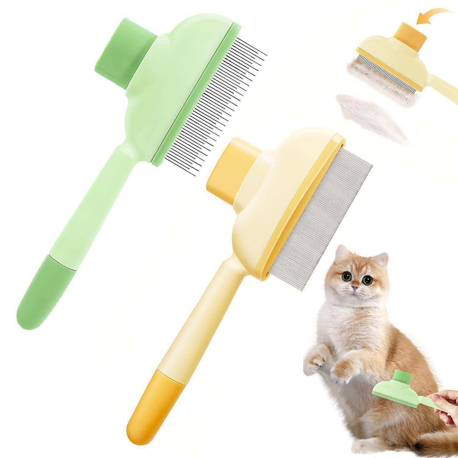 Illustration von Haustierpflege-Slicker-Bürsten in Grün und Gelb, mit einer Katze, die gebürstet wird, um lose Haare zu entfernen.