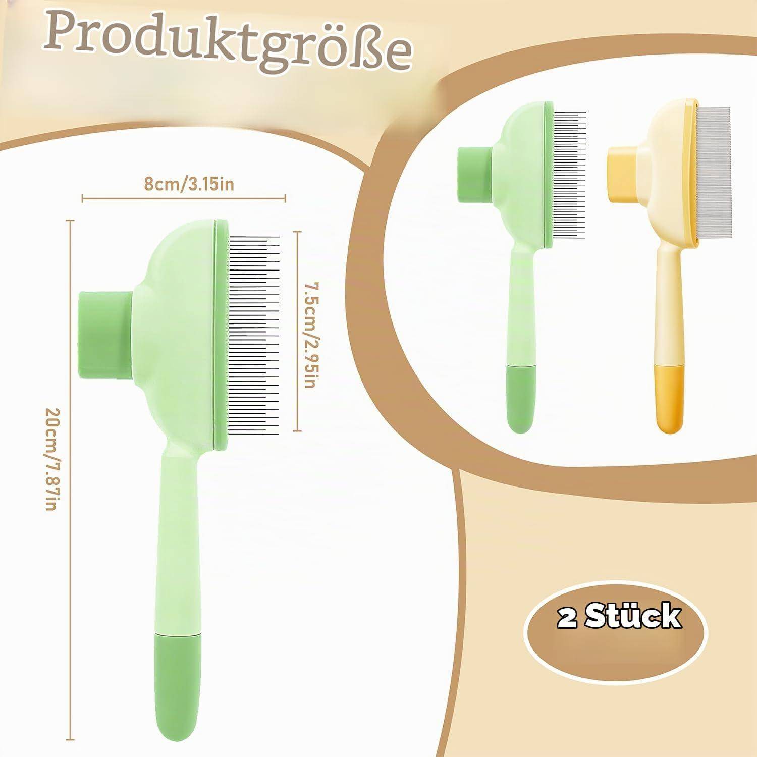 Produktgrößentabelle für eine Tierbürste, die zwei Bürsten in Grün und Gelb zeigt; beschriftet mit 20 cm Höhe, 8 cm Breite, 7,5 cm Kopflänge und „2 Stück" (2 Stücke).
