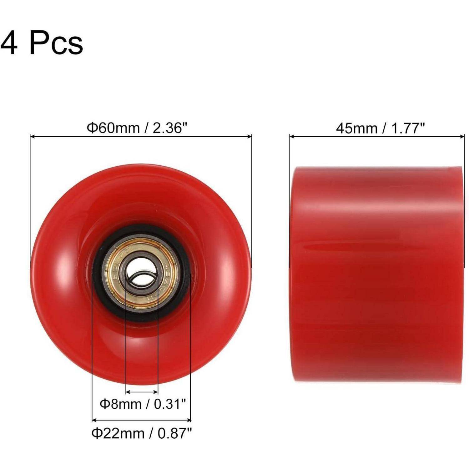 4 rote Polyurethan-Radwalzen, dargestellt in Front- und Seitenansicht, Größe gekennzeichnet mit 60 mm Durchmesser, 45 mm Breite, mit 8 mm Bohrung und 22 mm Nabe, Menge 4 Stück.