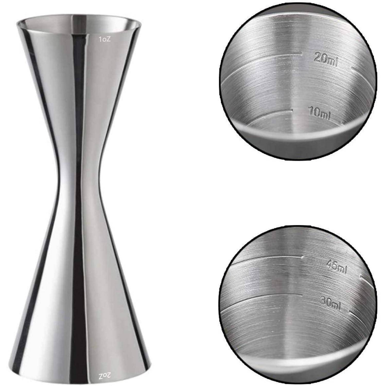 Edelstahl-Doppel-Jigger mit 1 oz und 2 oz Messung, gezeigt mit Nahaufnahme der inneren Markierungen von 10 ml, 20 ml, 30 ml und 45 ml.