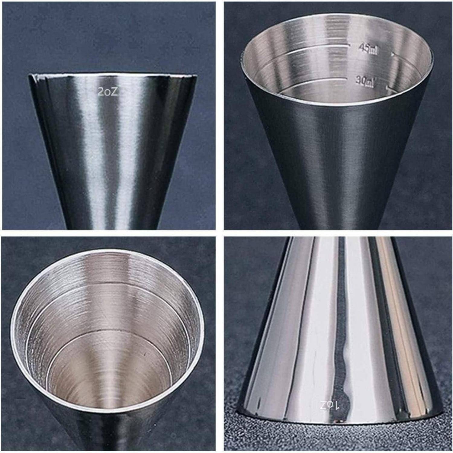 Vier Ansichten eines Messbechers aus Edelstahl, die die Kegelform und die eingeprägte Unzen- und Milliliter-Markierungen innen und außen zeigen.