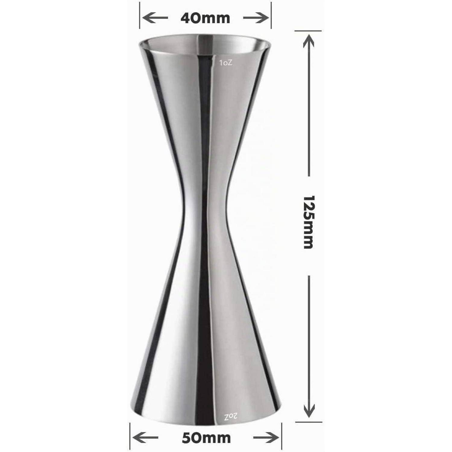 Jigger aus Edelstahl mit doppelten Seiten, 125 mm hoch, 40 mm oberer Durchmesser und 50 mm unterer Durchmesser.