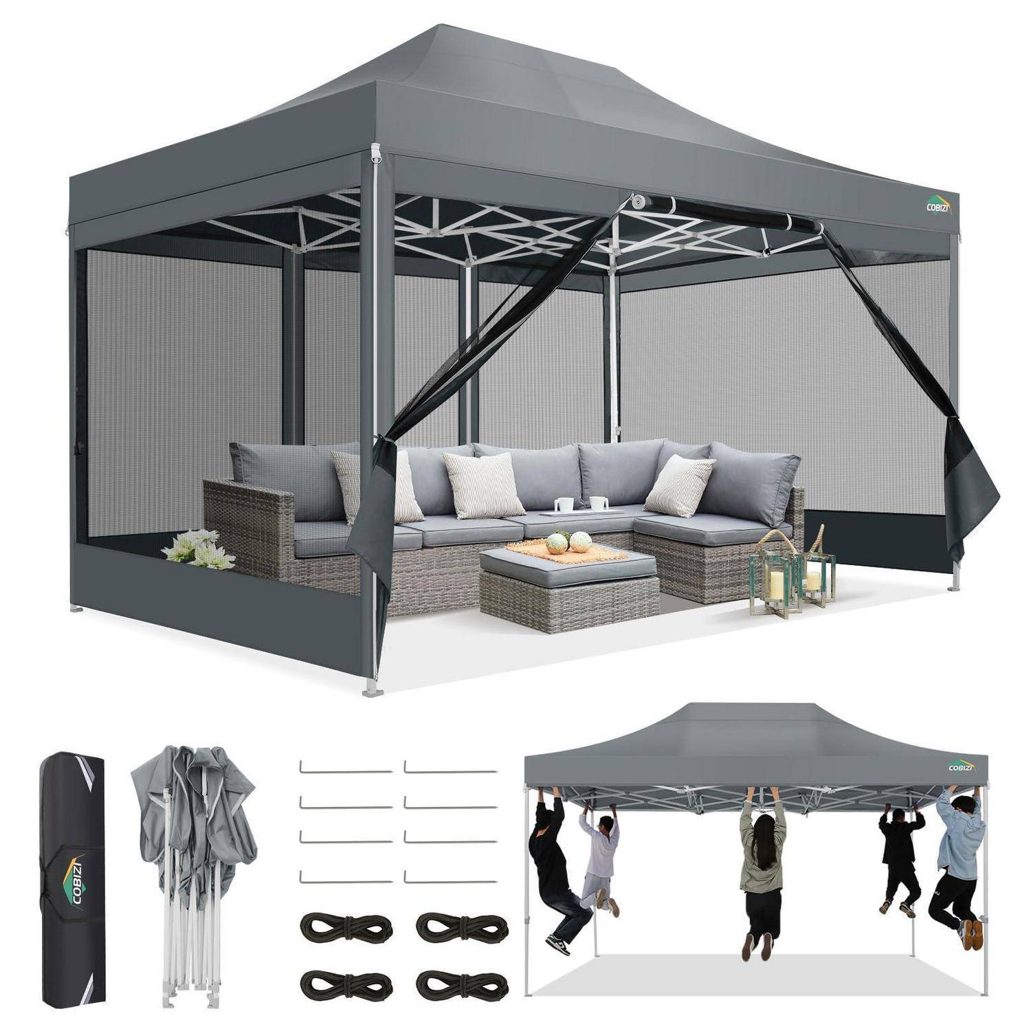 Grauer Pop-Up-Außenpavillon mit Netzeitenwänden, Garten-Eckgarnitur und mitgelieferter Tragetasche, Heringe, Seile und Montageteile wie unten dargestellt.