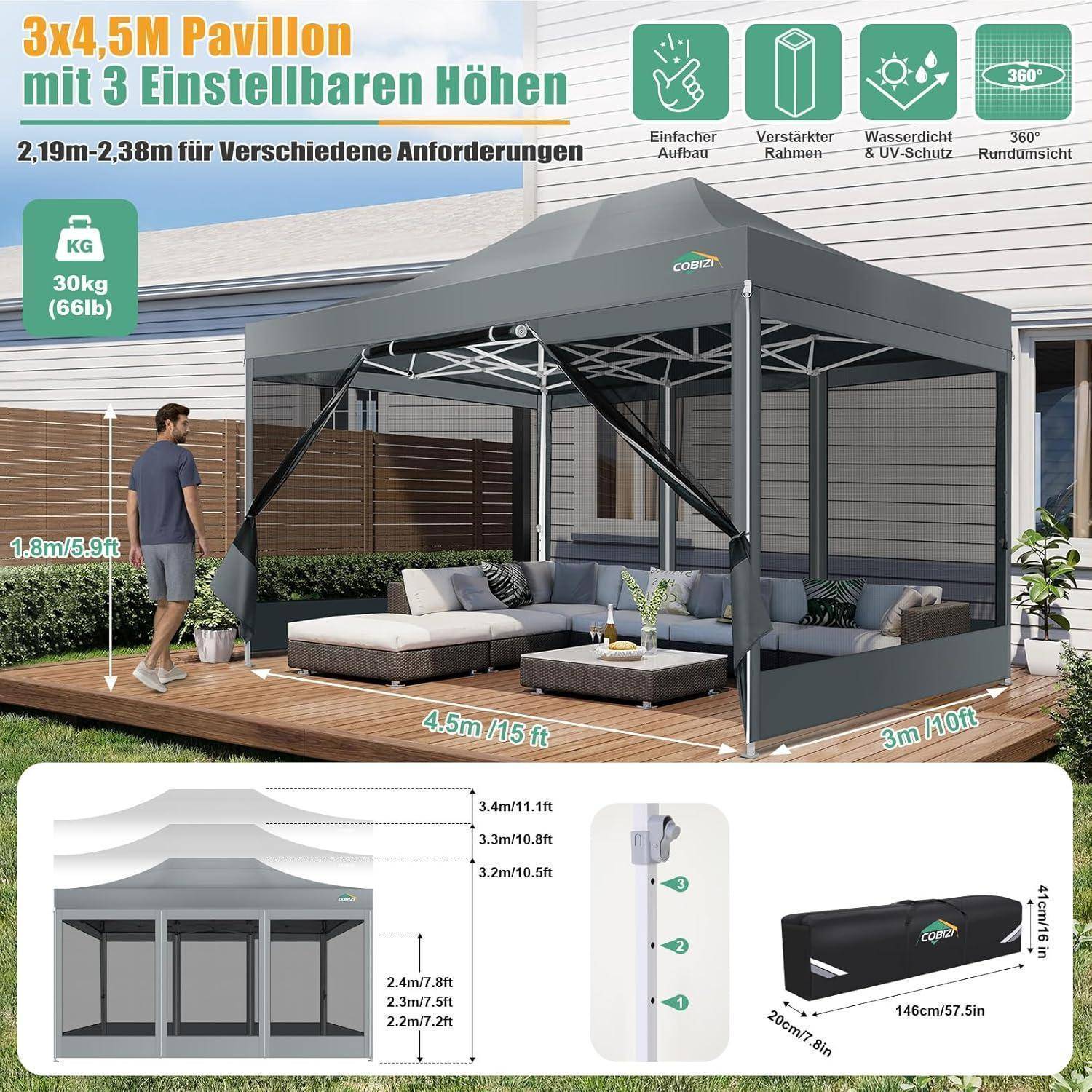 Werbegrafik eines grauen Pavillons mit den Abmessungen 3x4,5 m und 3 verstellbaren Höhen, dargestellt auf einer Terrasse mit Abmessungen, Gewicht von 30 kg und Funktionssymbolen für einfachen Aufbau, verstärkten Rahmen, Regen- und UV-Schutz sowie 360°-Ansicht.