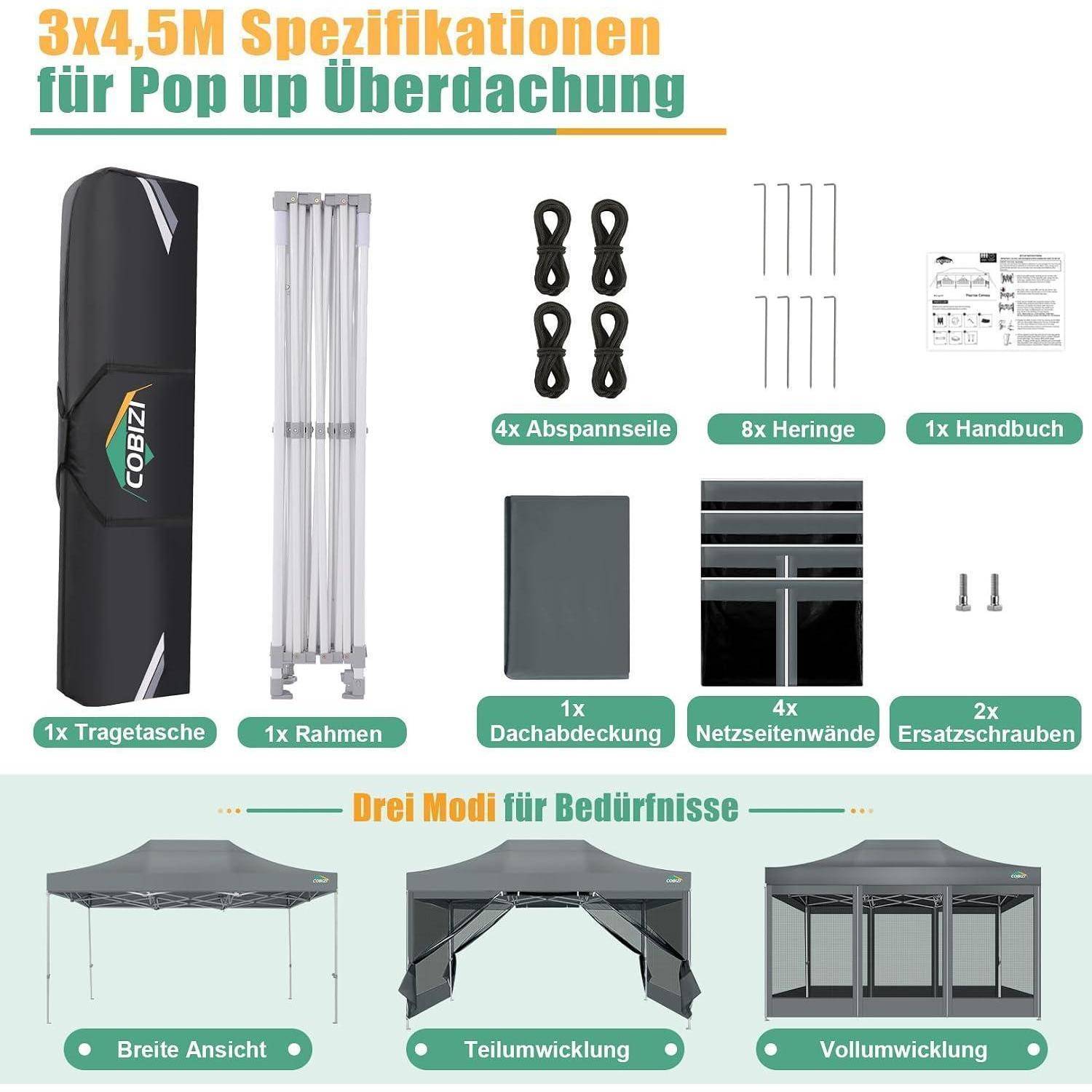 COBIZI Faltpavillon 3x4,5 m mit Moskitonetz, wasserdicht, stabil | UV-Schutz 50+, 3-fach höhenverstellbar, 4 Seitenwände, robustes 420D Oxford-Geweb
