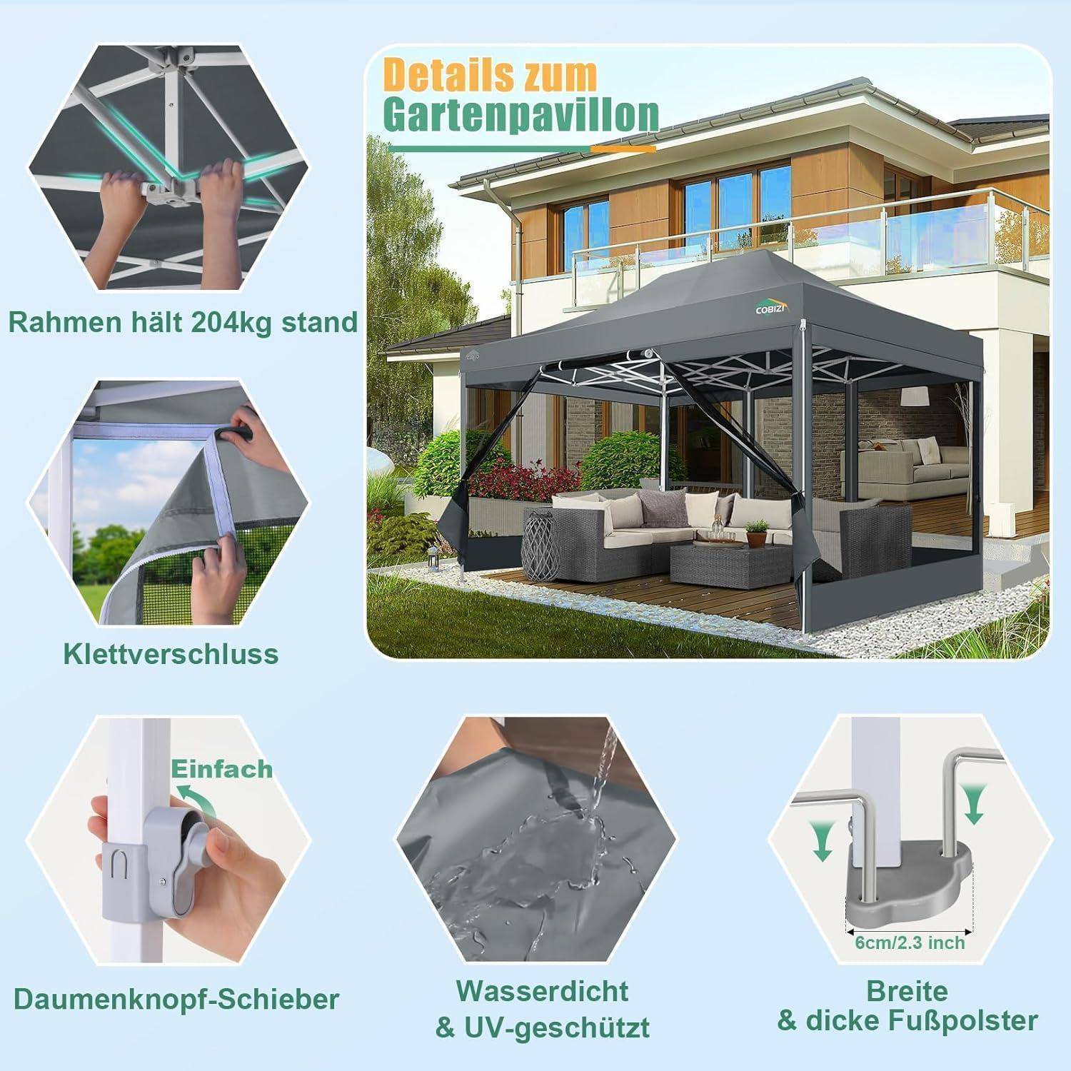 COBIZI Faltpavillon 3x4,5 m mit Moskitonetz, wasserdicht, stabil | UV-Schutz 50+, 3-fach höhenverstellbar, 4 Seitenwände, robustes 420D Oxford-Geweb