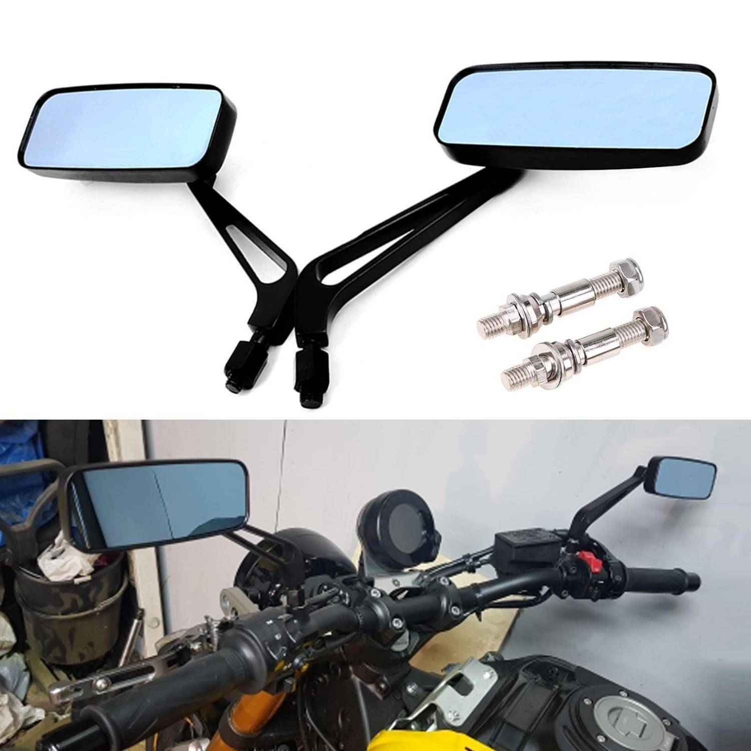 Paar schwarzer Motorrad-Lenkerhandspiegel mit Befestigungsbolzen, oben abgebildet und unten an einem Motorrad montiert.