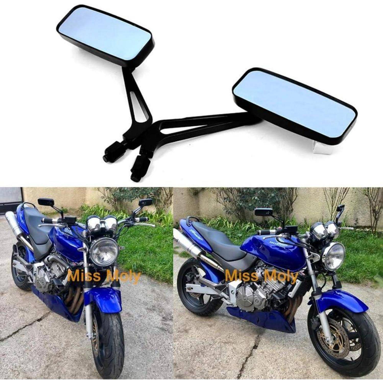 Motorrad-Seitenspiegel, wie oben dargestellt, mit Fotos unten eines blauen Motorrads, das mit den Spiegeln aus Front- und Seitenwinkeln ausgestattet ist.