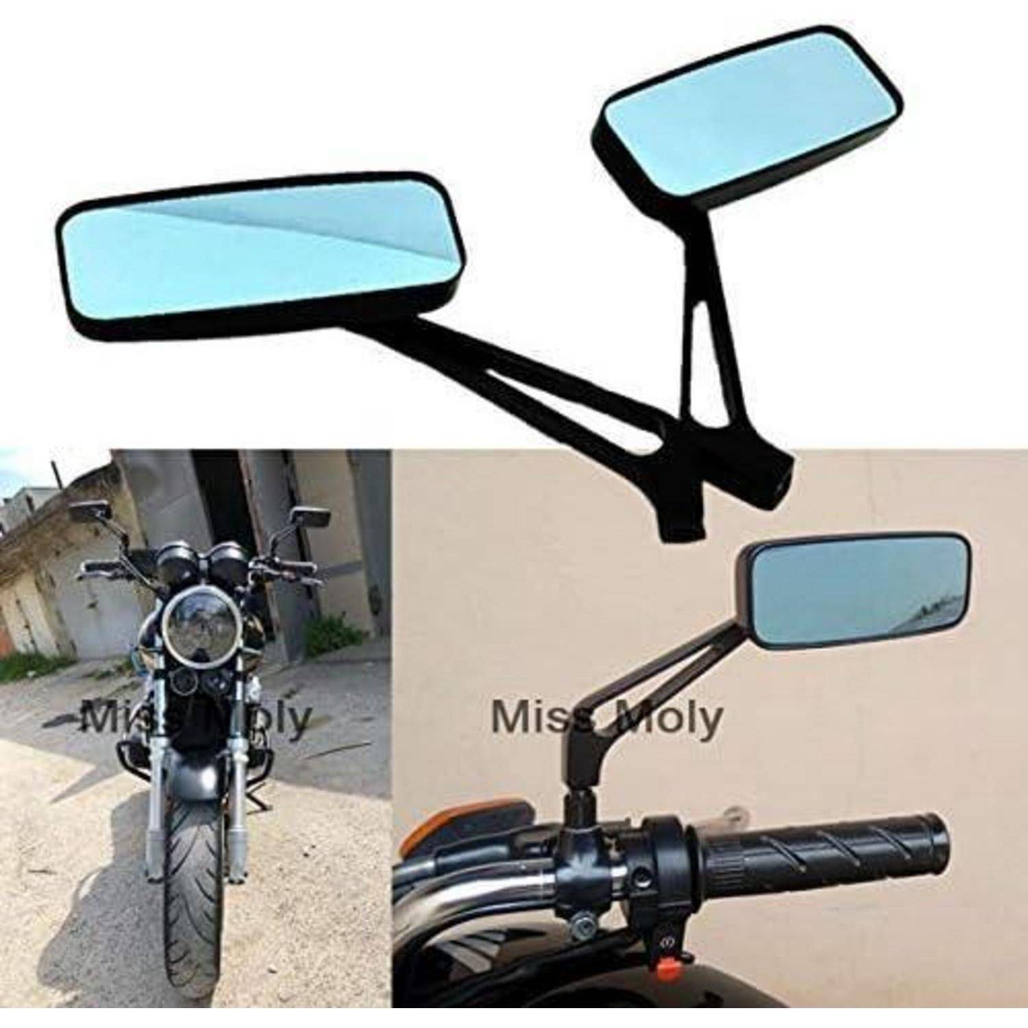 Motorrad-Rückspiegel in drei Ansichten: Ein schwarzes Custom-Spiegeldesign oben mit Beispielfotos des am Motorrad und Lenker montierten Spiegels.