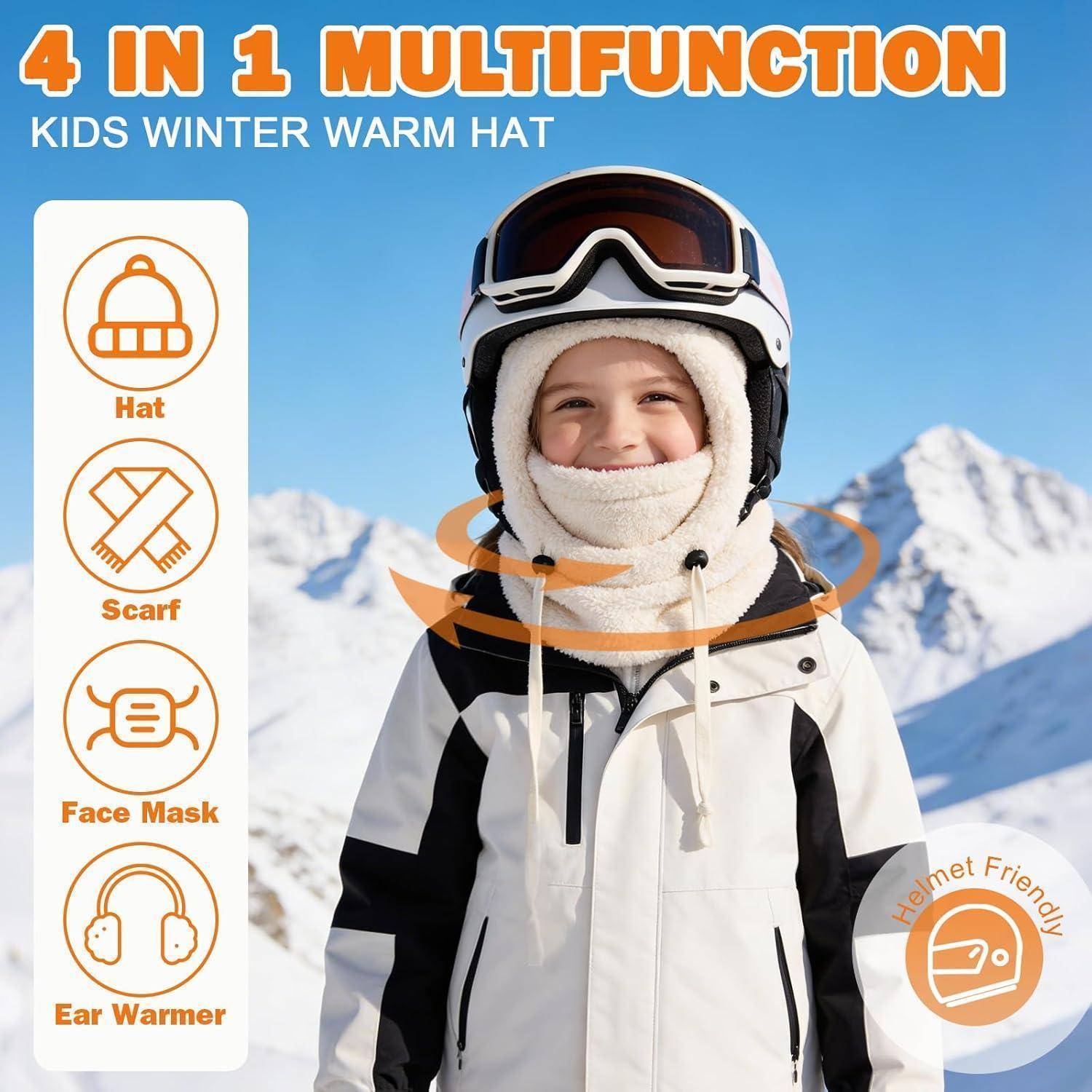 Werbebild eines Kindes, das eine Wintermütze trägt, die als Schal, Gesichtsmaske und Ohrenwärmer funktioniert, mit beschrifteten Symbolen, die die 4-in-1-Funktionen zeigen.