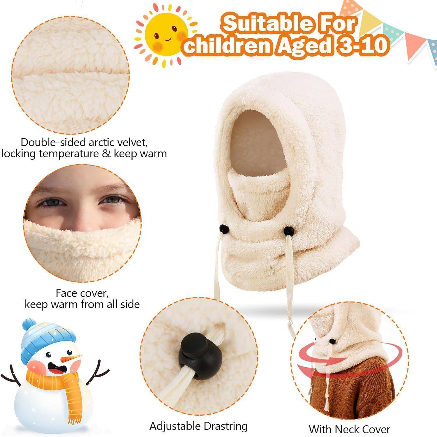 Produktbild einer cremeweißen Winter-Sturmhaube/Balaclava für Kinder im Alter von 3-10 Jahren, zeigt doppelseitiges arktisches Samt, Gesichtsabdeckung, verstellbare Zugschnur und Nackenabdeckung.