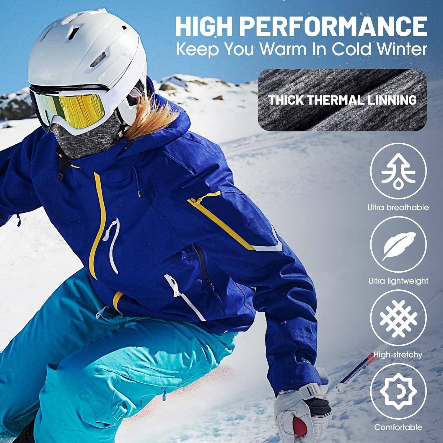 Skifahrer in blauer Winterjacke und Helm auf verschneiter Piste, Werbung für „HIGH PERFORMANCE