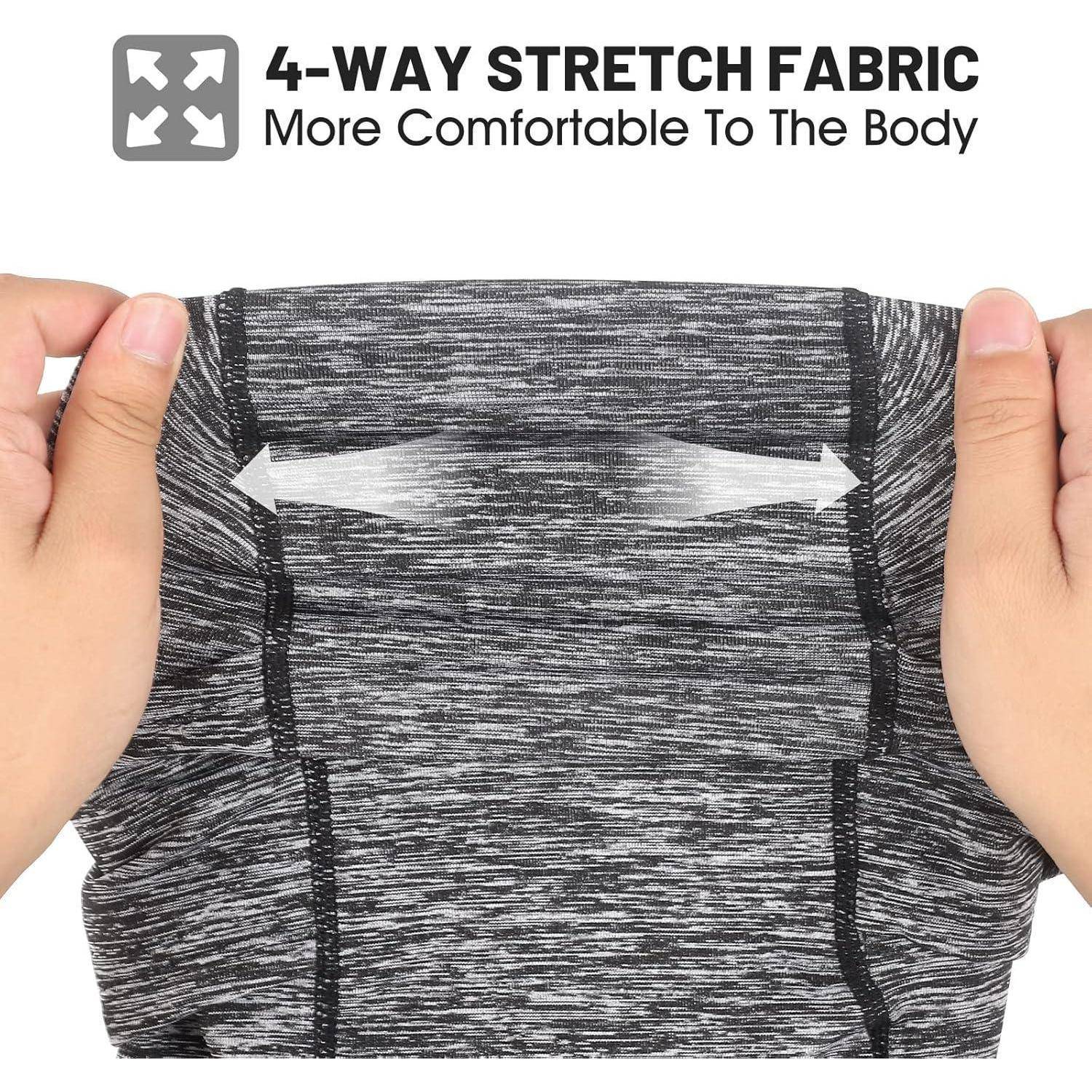 Hände, die graues Gewebe mit Pfeilen dehnen, die mit „4-WAY STRETCH FABRIC