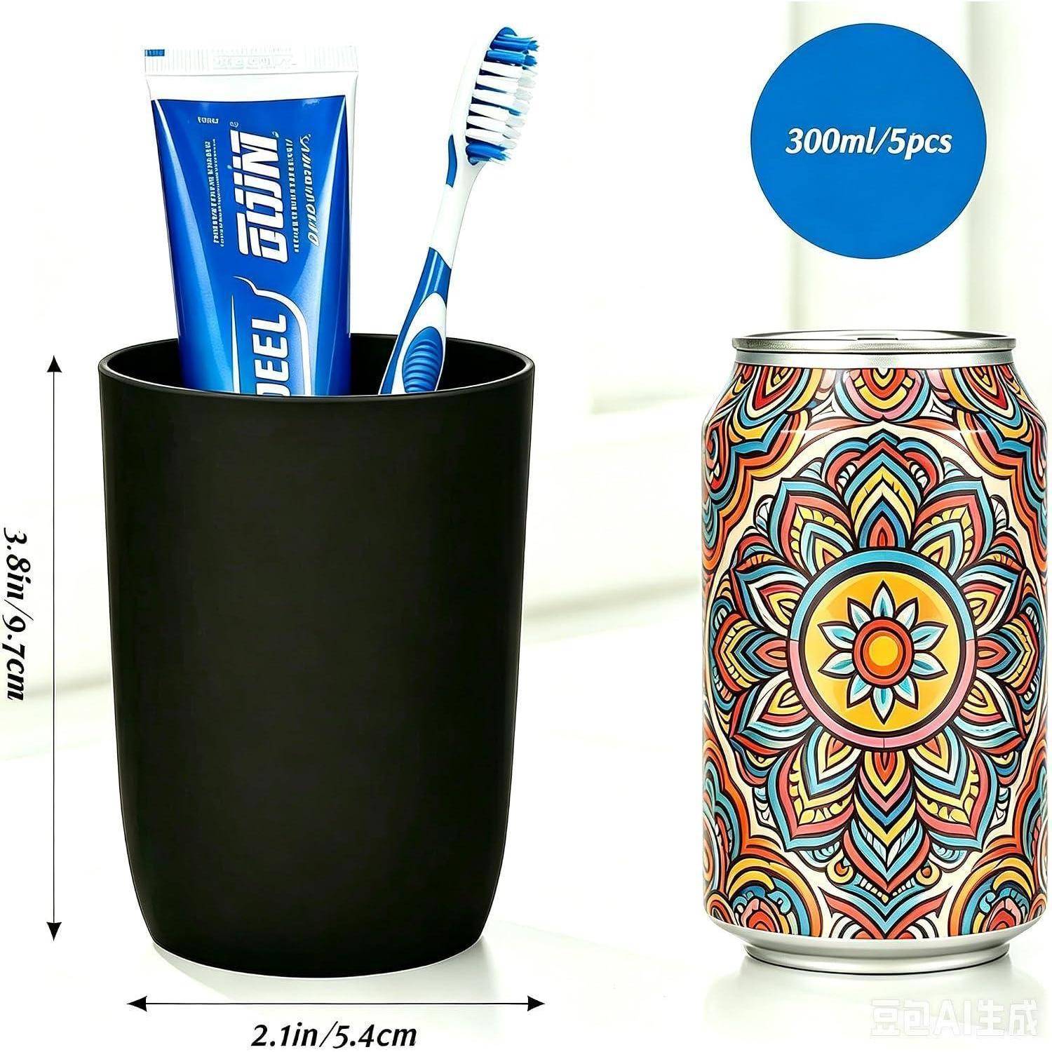 Produktbild mit zwei Becherhältern: ein schwarzer 3,8-Zoll-Tumbler und ein farbenfroher 300-ml-Behälter in Dossenform mit Mandala-Muster; Zahnbürste und Tube zur Größenveranschaulichung.