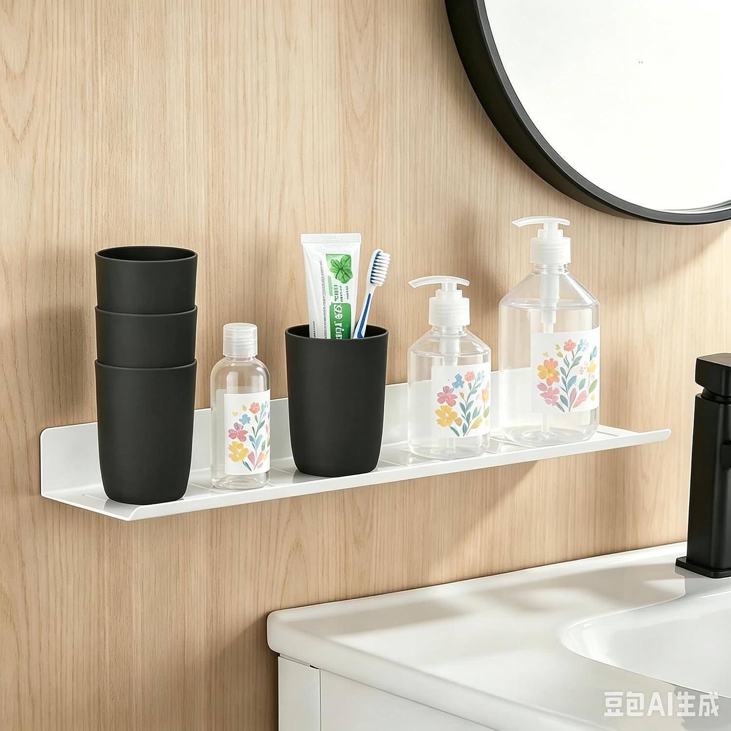 Badezimmer-Waschbeckenregal mit schwarzen Bechern, Zahnbürsten und Seifenspendern mit Blumenetikett an einer Holzwand neben einem Spiegel montiert.
