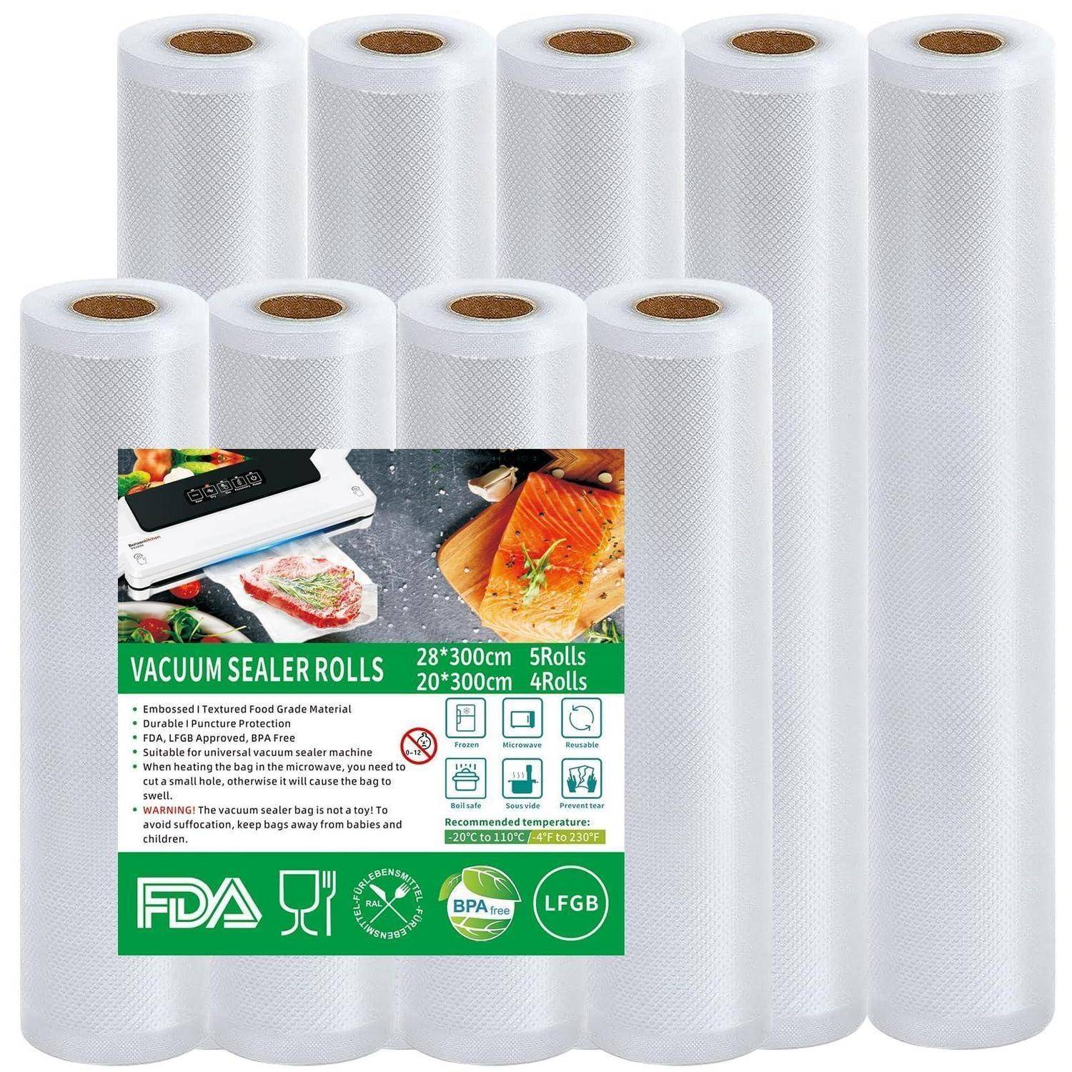 Packung mit weißen Vakuumversiegelungsrollen; Etikett zeigt „VACUUM SEALER ROLLS