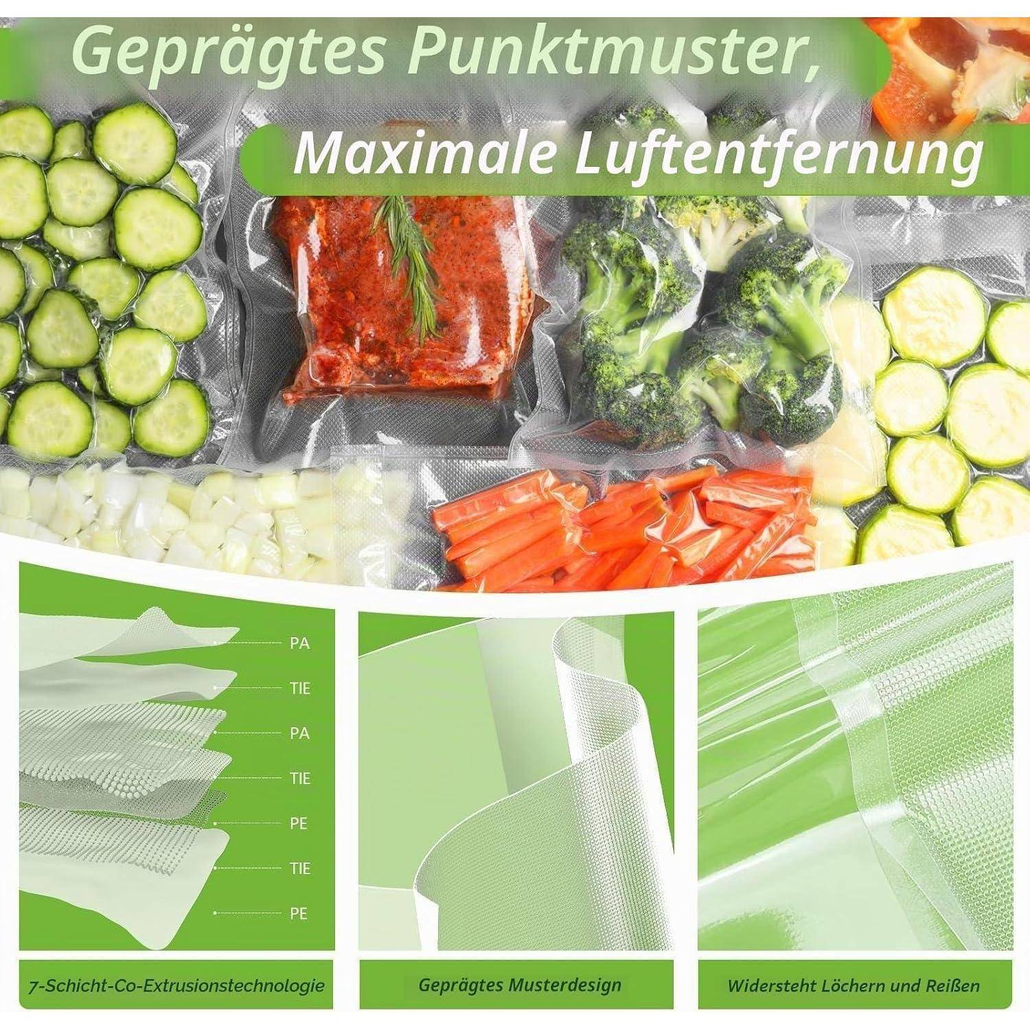 Vakuumversiegelte Gemüsesorten in geprägten Netzbeuteln mit deutschem Text, der maximale Luftentfernung und das reißfeste mehrschichtige Verpackungsdesign bewirbt.