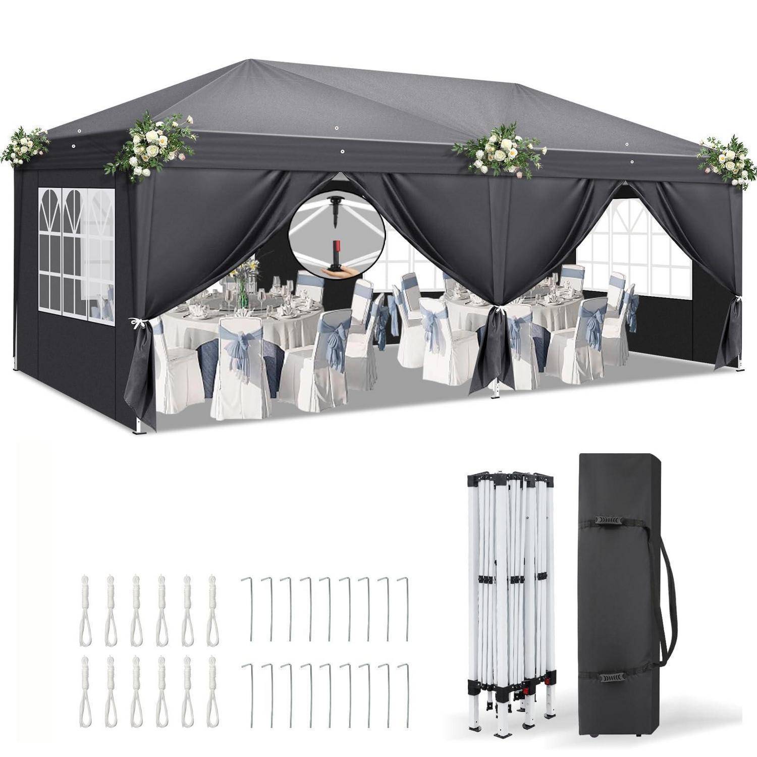 Schwarzes Pop-up-Eventzelt mit drapiertem Eingang, Fenstern und floralen Akzenten, aufgebaut mit Banketttischen, Stühlen und mitgeliefertem Rahmen, Heringen und Transporttasche.