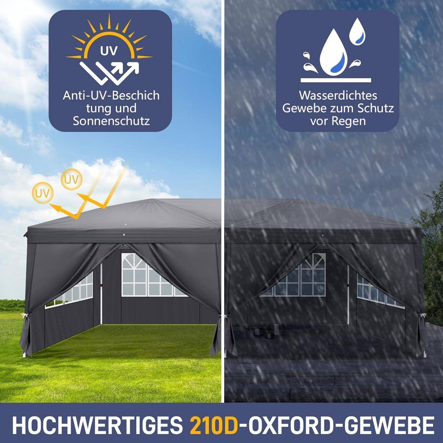 Geteiltes Bild, das ein graues Outdoor-Zelt in Sonne und starkem Regen zeigt und die UV-Schutzfunktion und das wasserdichte 210D-Oxford-Gewebe hervorhebt.