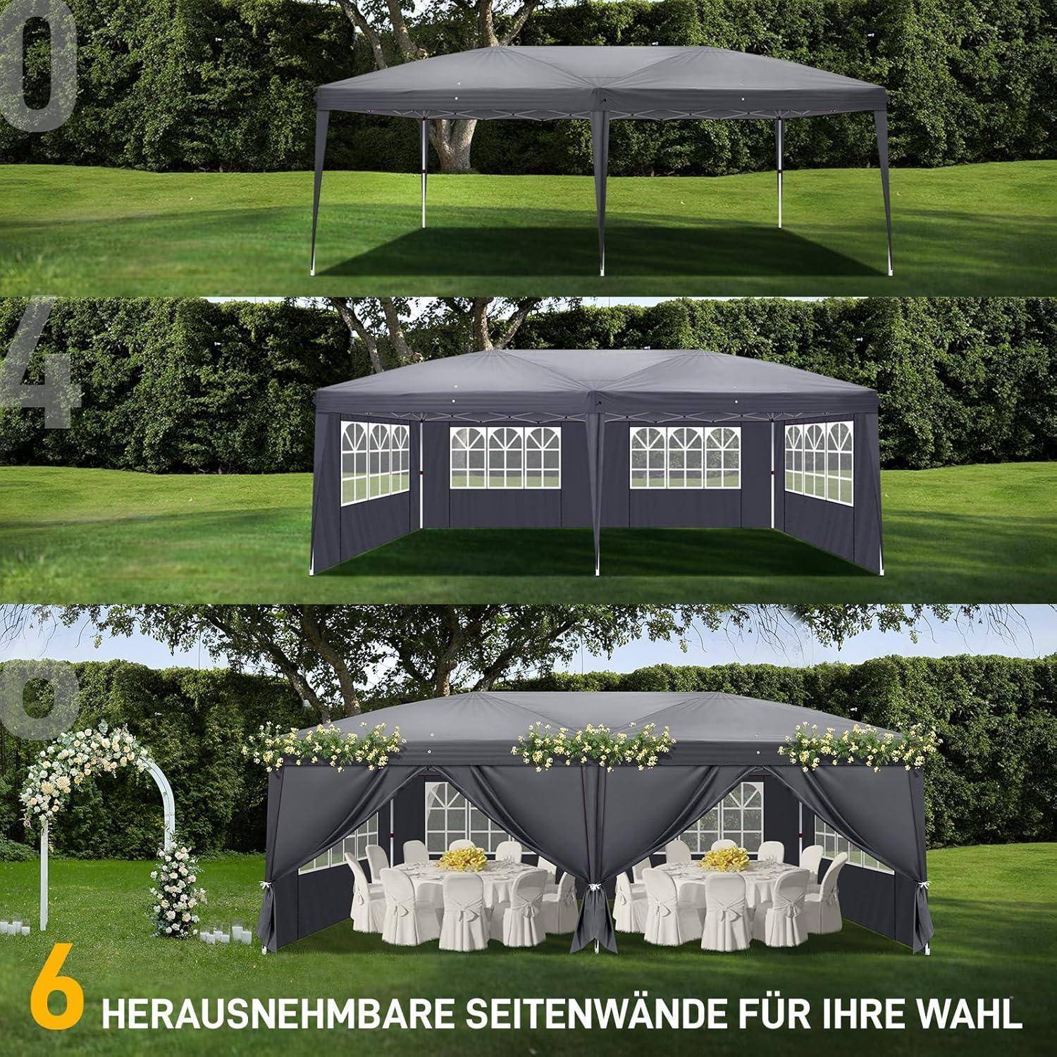 Drei-Stufen-Produktbild eines grauen Pop-Up-Pavillon-Zelts: offenes Gestell, eingehaust mit Seitenwänden, und vollständig dekoriert für eine Außenveranstaltung, mit deutschem Text "6 herausnehmbare Seitenwände für Ihre Wahl"".