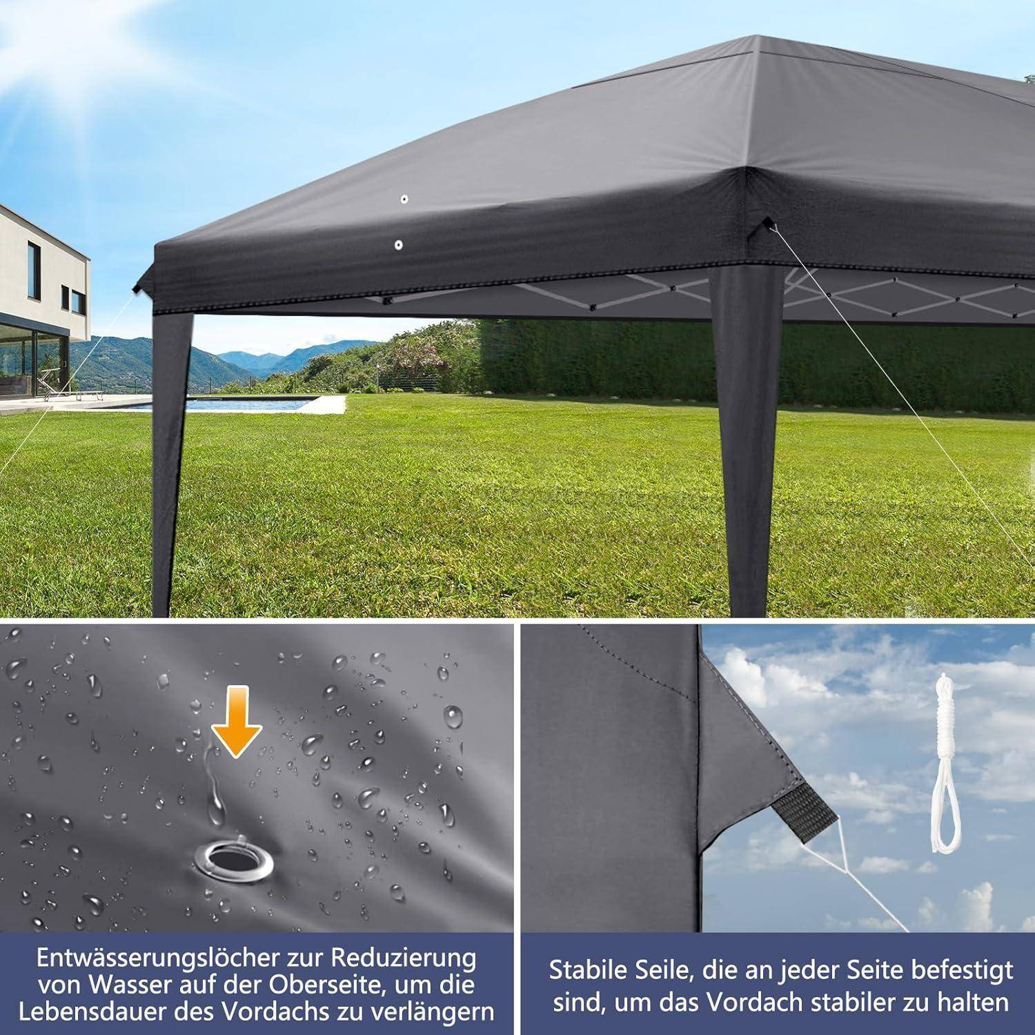 Graugrünes Markisenzelt auf einer Rasenfläche mit Bergblick, mit eingefügten Details zeigend Drainagelöcher und Seitenseile zur Stabilisierung.