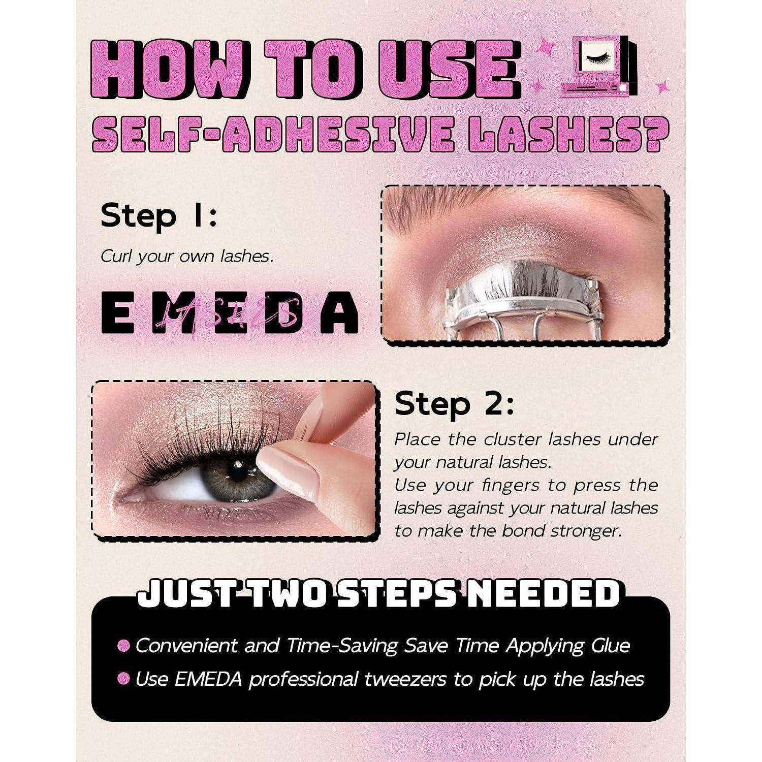 EMEDA selbstklebende Wimpern Natürlich selbstklebende Cluster Wimpern Vorgeklebte Wimpernbüschel Kit Keine klebrigen Rückstände Kleberlose Wimpern