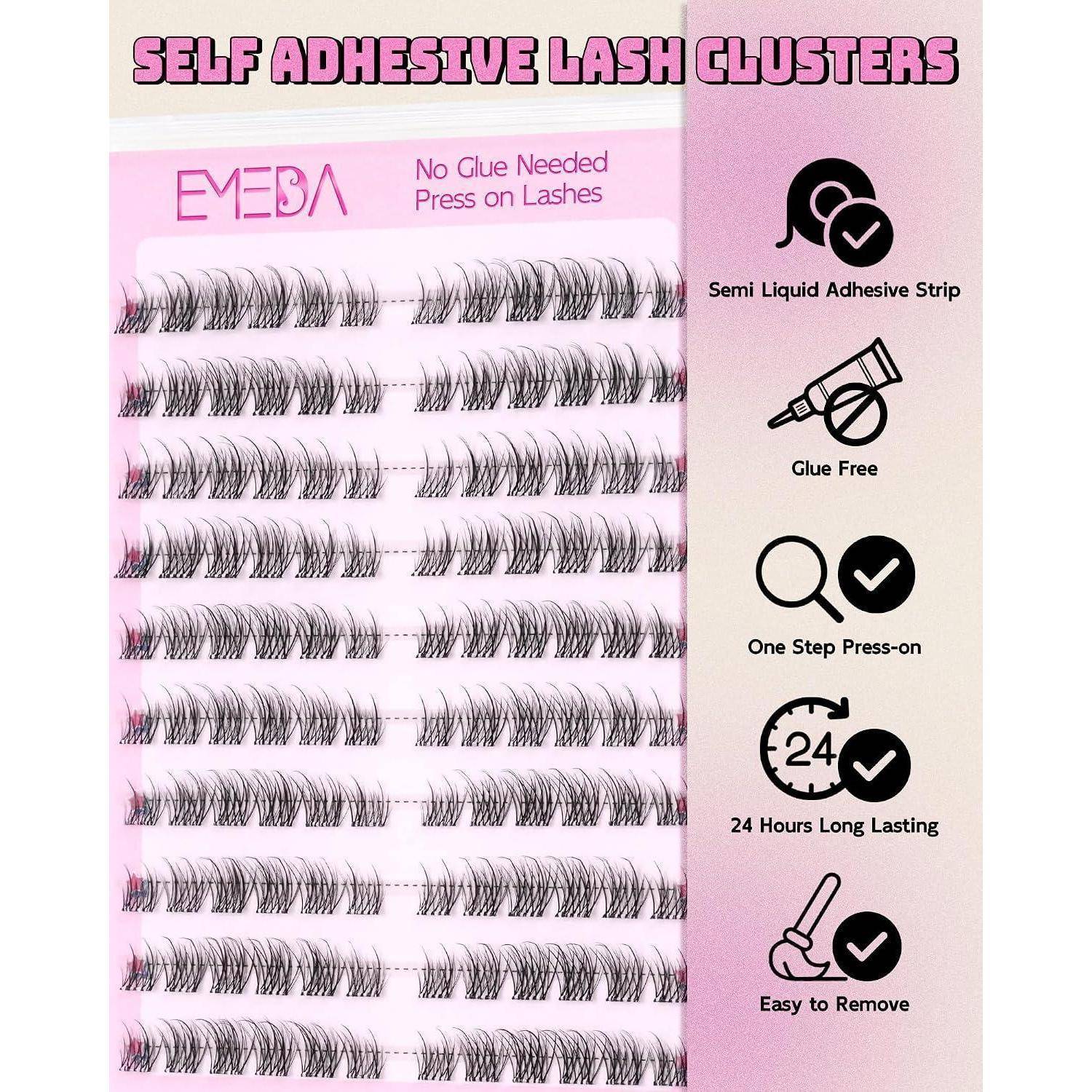 Rosa Packung für selbstklebende Wimpernbündel mit Reihen künstlicher Wimpern und Symbolen, die besagen, dass kein Kleber erforderlich ist, halbflüssiger Klebstoffstreifen, 24 Stunden lang haltbar, leicht zu entfernen.