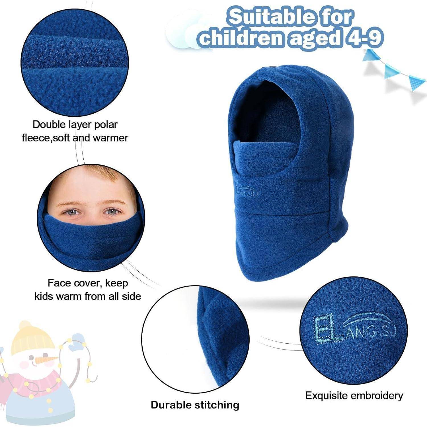 Blaue Kinder-Gesichtsmütze, gezeigt mit Nahaufnahmen, die das doppellagige Polarfleece, die strapazierfähigen Nähte und das bestickte Logo hervorheben; gekennzeichnet als geeignet für Kinder im Alter von 4–9 Jahren.