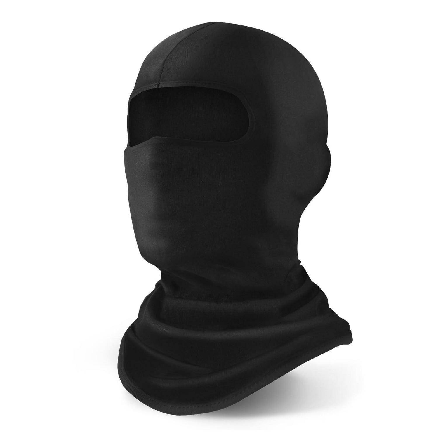 Schwarze Sturmhaube mit vollem Gesichtsschutz, Augenöffnung, bedeckt Kopf, Nacken und Unterkiefer vor weißem Hintergrund.