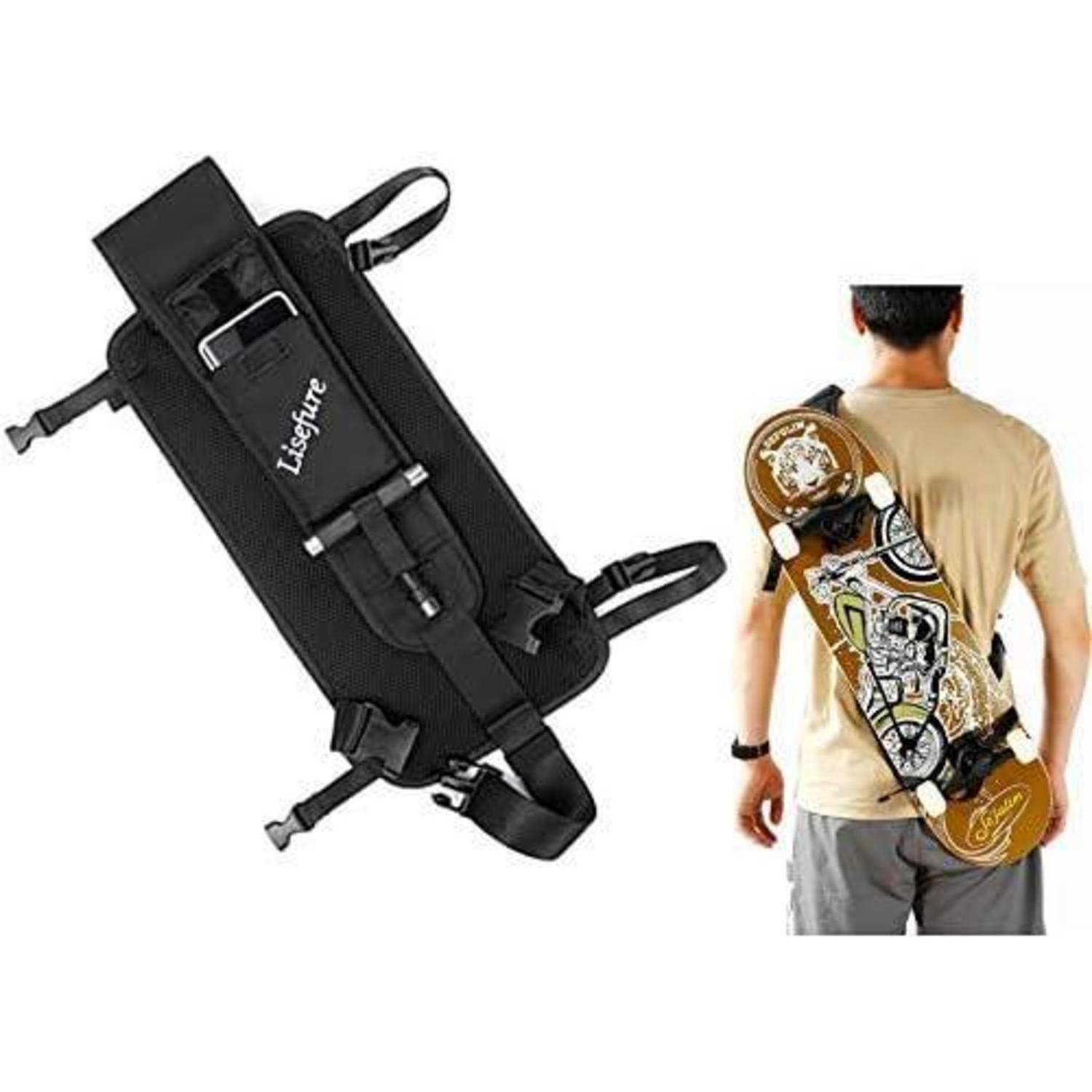 Schwarzer Skateboard-Rucksack/Trägersystem, gezeigt mit einer Person, die ein Skateboard zur Beförderung auf dem Rücken trägt.