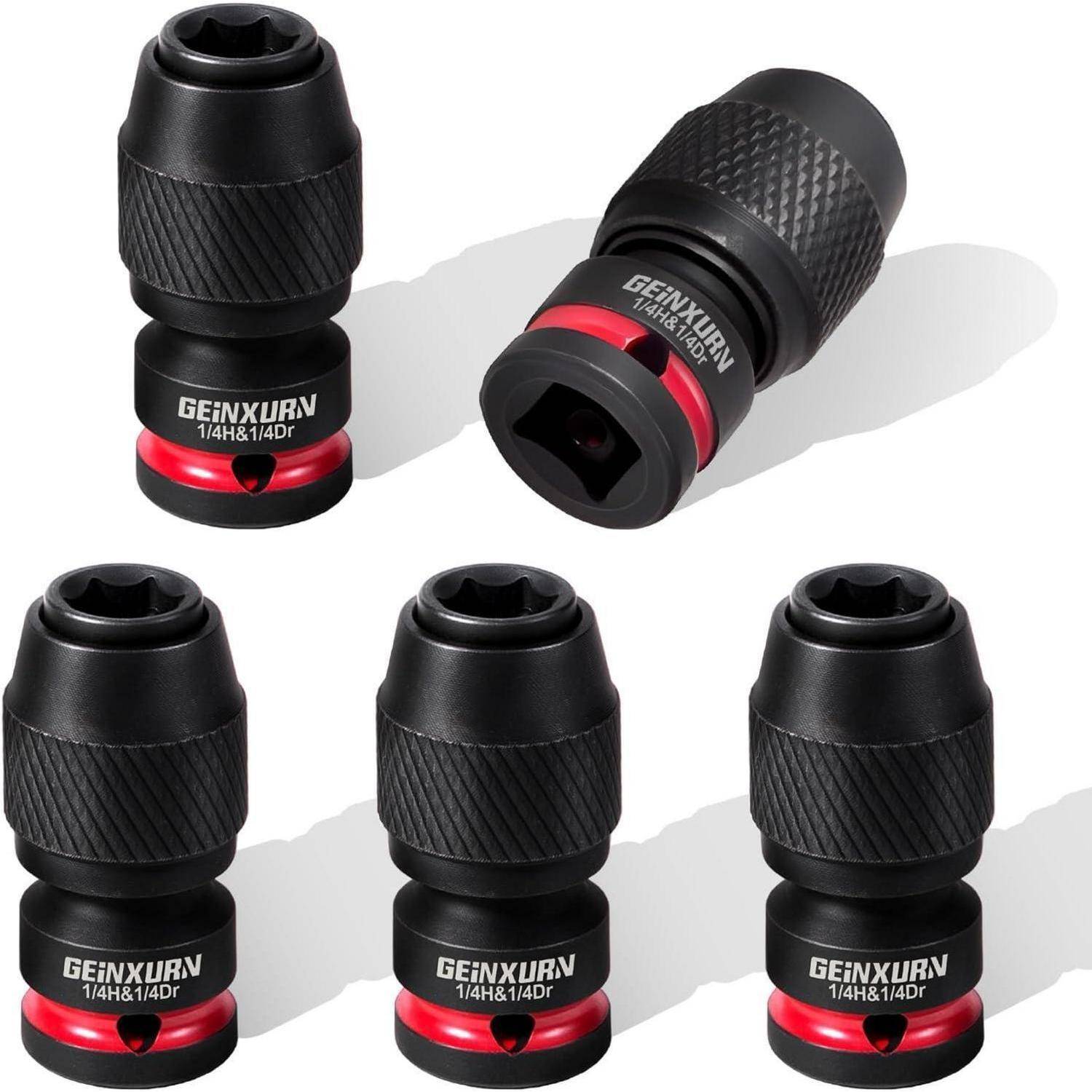 Fünf schwarze Geinxurv 1/4-Zoll-Antriebssteckschlüssel-Adapter aus verschiedenen Winkeln gezeigt, mit rotem Akzentring und gerillter Griffoberfläche.