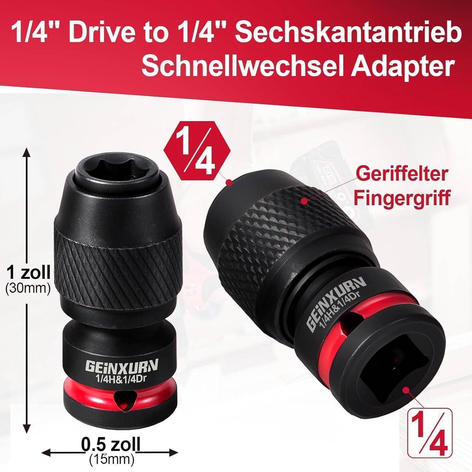 Produktbild eines 1/4-Zoll-Antrieb-zu-1/4-Zoll-Sechskant-Schnellwechsel-Steckverbinder-Adapters mit zwei Ansichten, gerilltem Griff und Größenbezeichnungen.