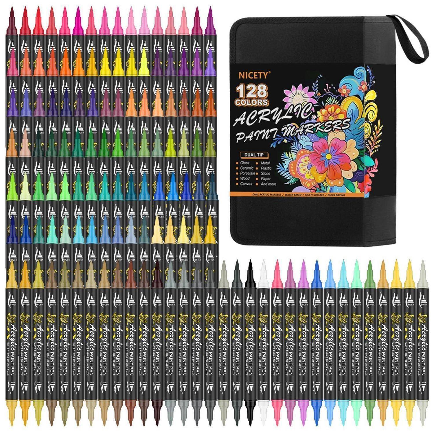128er Set Acrylfarben-Marker mit Doppelspitzen in Reihen dargestellt, plus ein schwarzer Transportkoffer mit der Aufschrift 