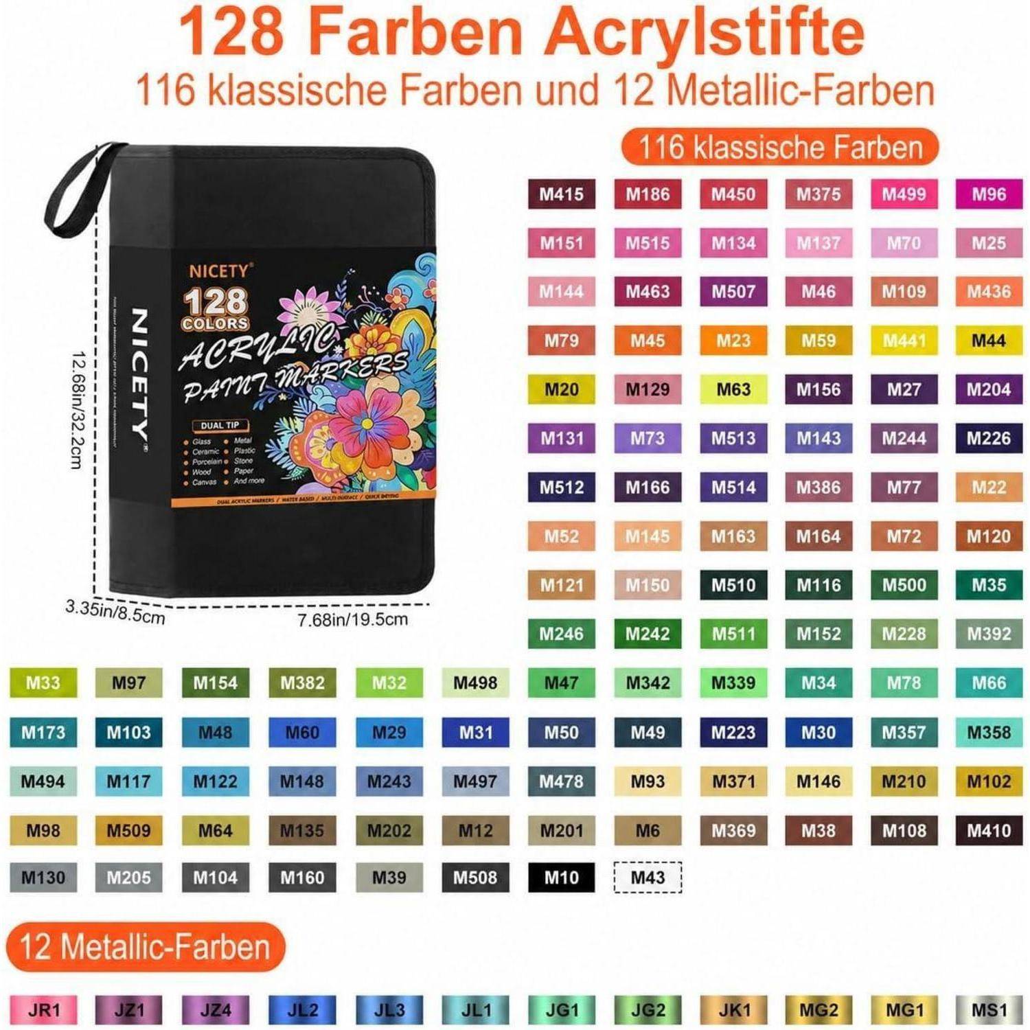 Produktbild eines 128-teiligen Acrylfarben-Marker-Sets in einem Transportkoffer, das 116 Standardfarben und 12 Metallicfarben mit einer Farbkarte zeigt.