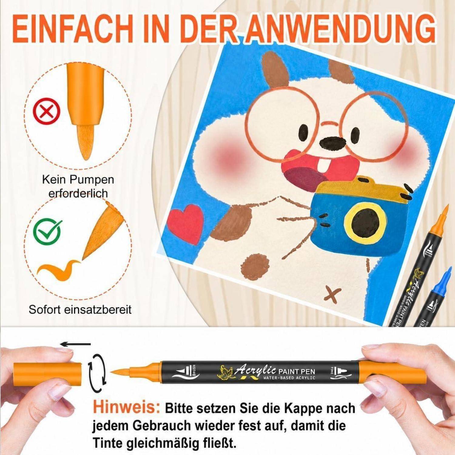 Produktanzeige für Acrylfarben-Stifte: „Keine Pumpe erforderlich