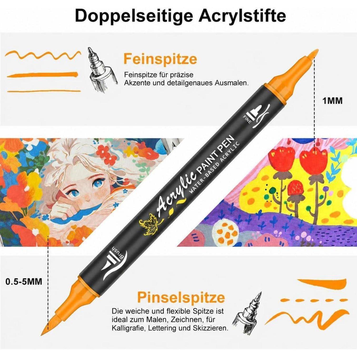 Werbebild für einen doppelseitigen Acrylmalstift mit feiner und Pinselspitze; zeigt Linienbreiten von 1 mm und 0,5–5 mm sowie Beispielkunstwerke.