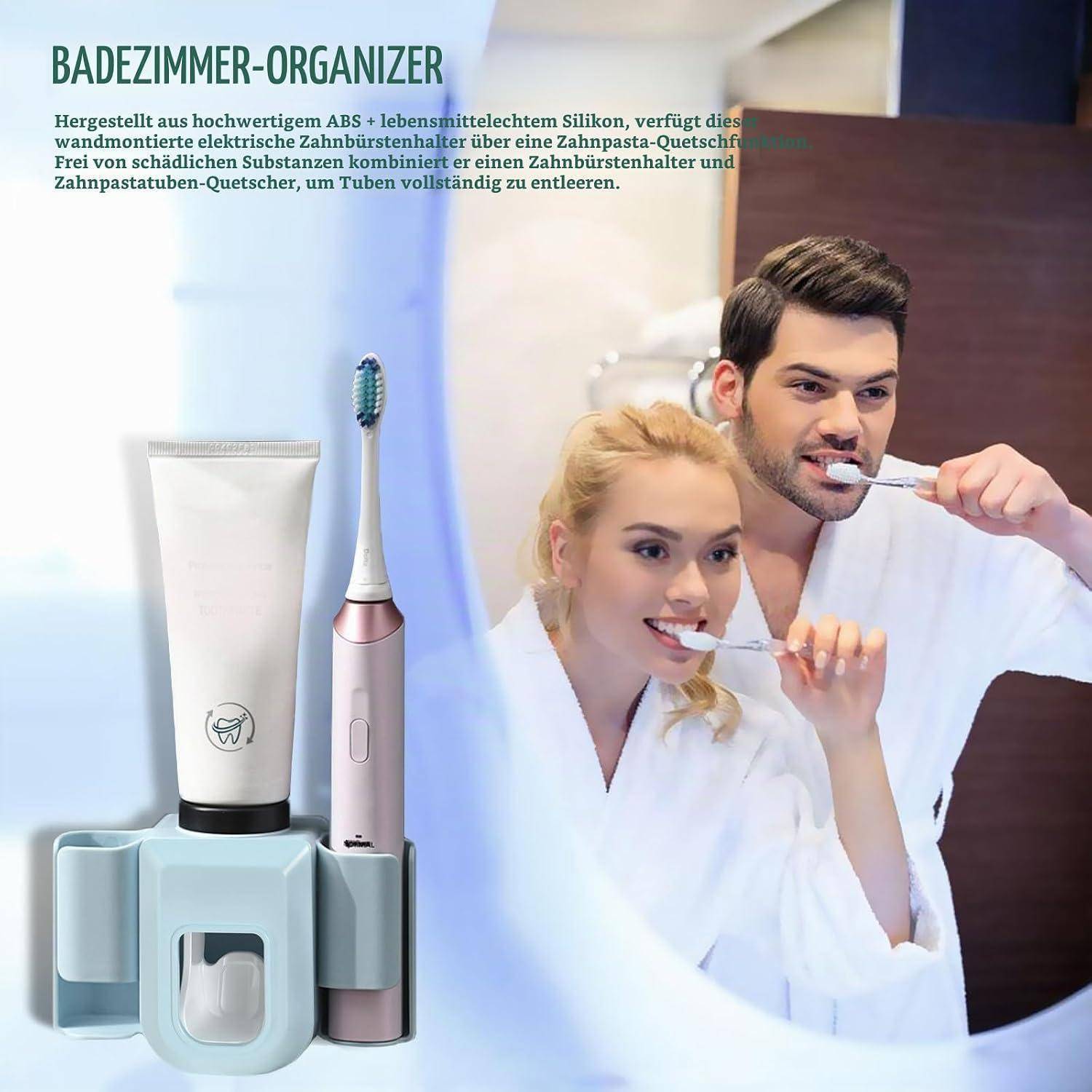 Badezimmerorganizer mit Silikon-Zahnpasta-Quetsch-Halter, neben einem Paar gezeigt, das sich in weißen Bademänteln die Zähne putzt.