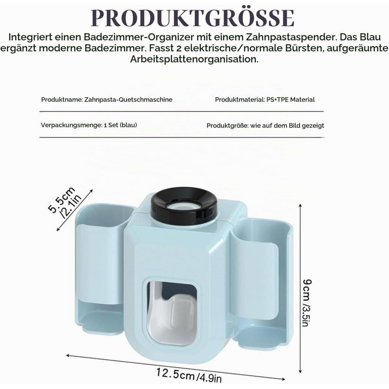Produktgrößen-Diagramm für einen blauen Badorganizer mit Zahnpastaausspender, das Abmessungen von 12,5 cm Breite, 9 cm Höhe und 5,5 cm Tiefe zeigt.