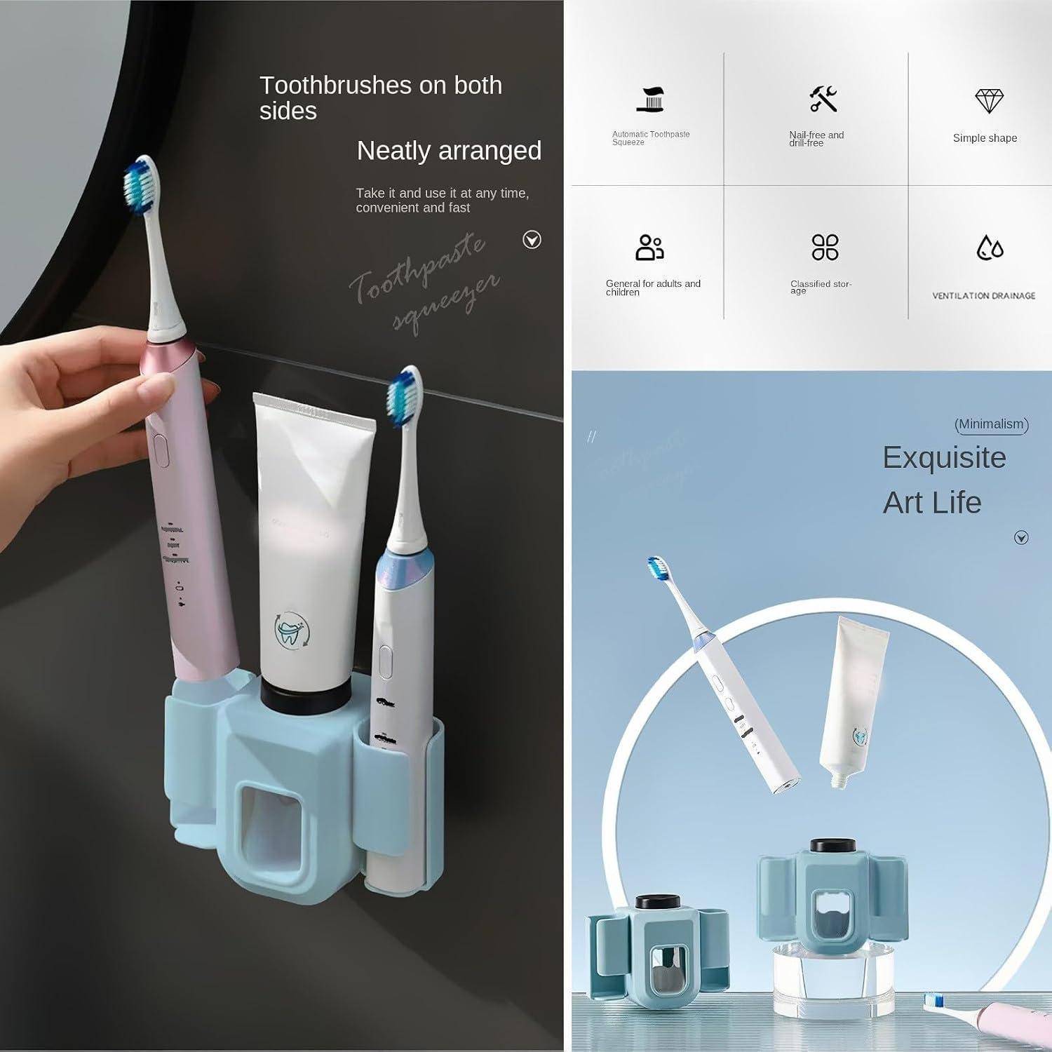 Produktbild einer wandmontierten Zahnbürstenhalterung mit Zahnpastatube und zwei elektrischen Zahnbürsten, dargestellt in einem minimalistischen blau-weißen Badorganizer-Design.