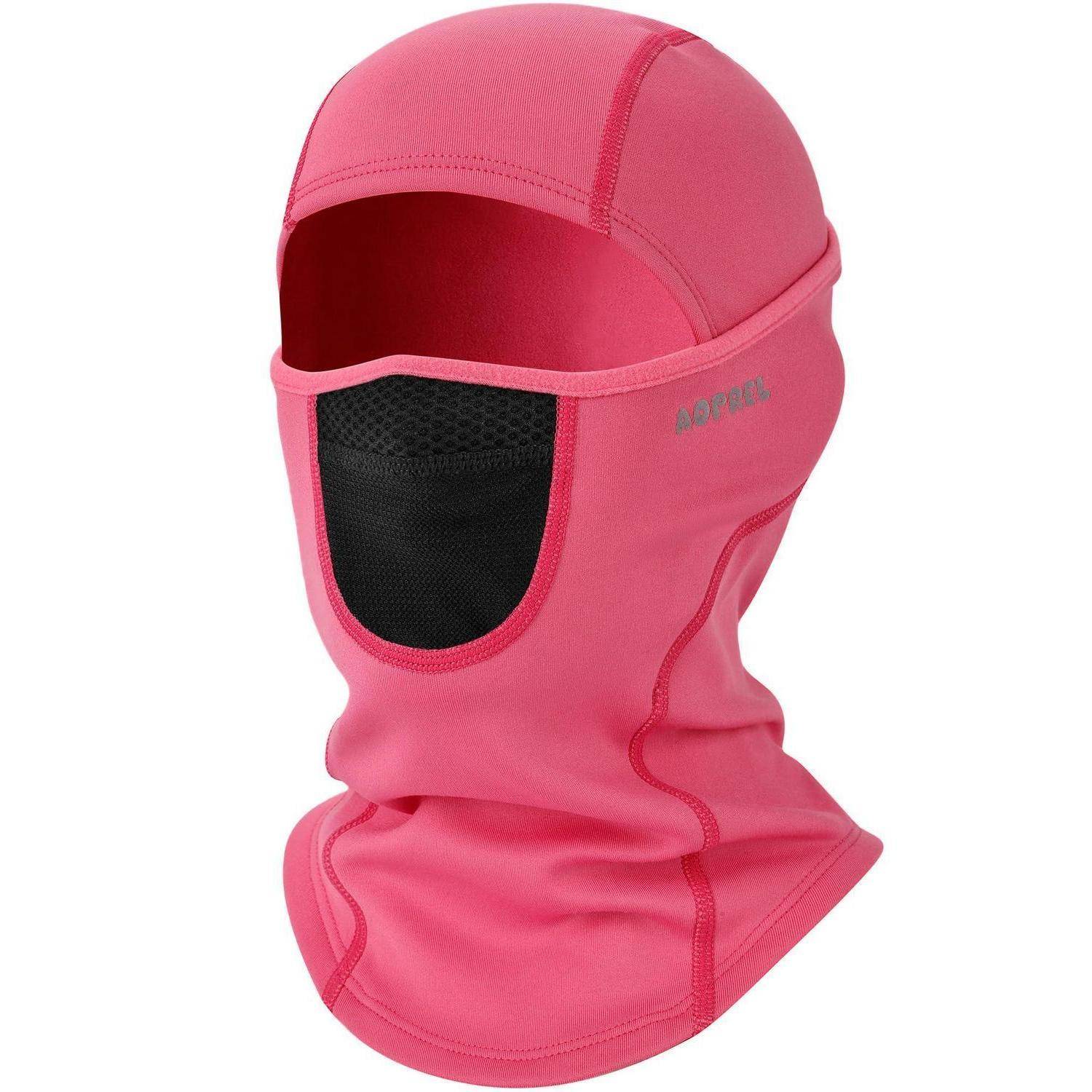 Rosa Sturmhaube Skimaske mit schwarzer Netzgesichtsöffnung, bedeckt Kopf und Nacken auf weißem Hintergrund