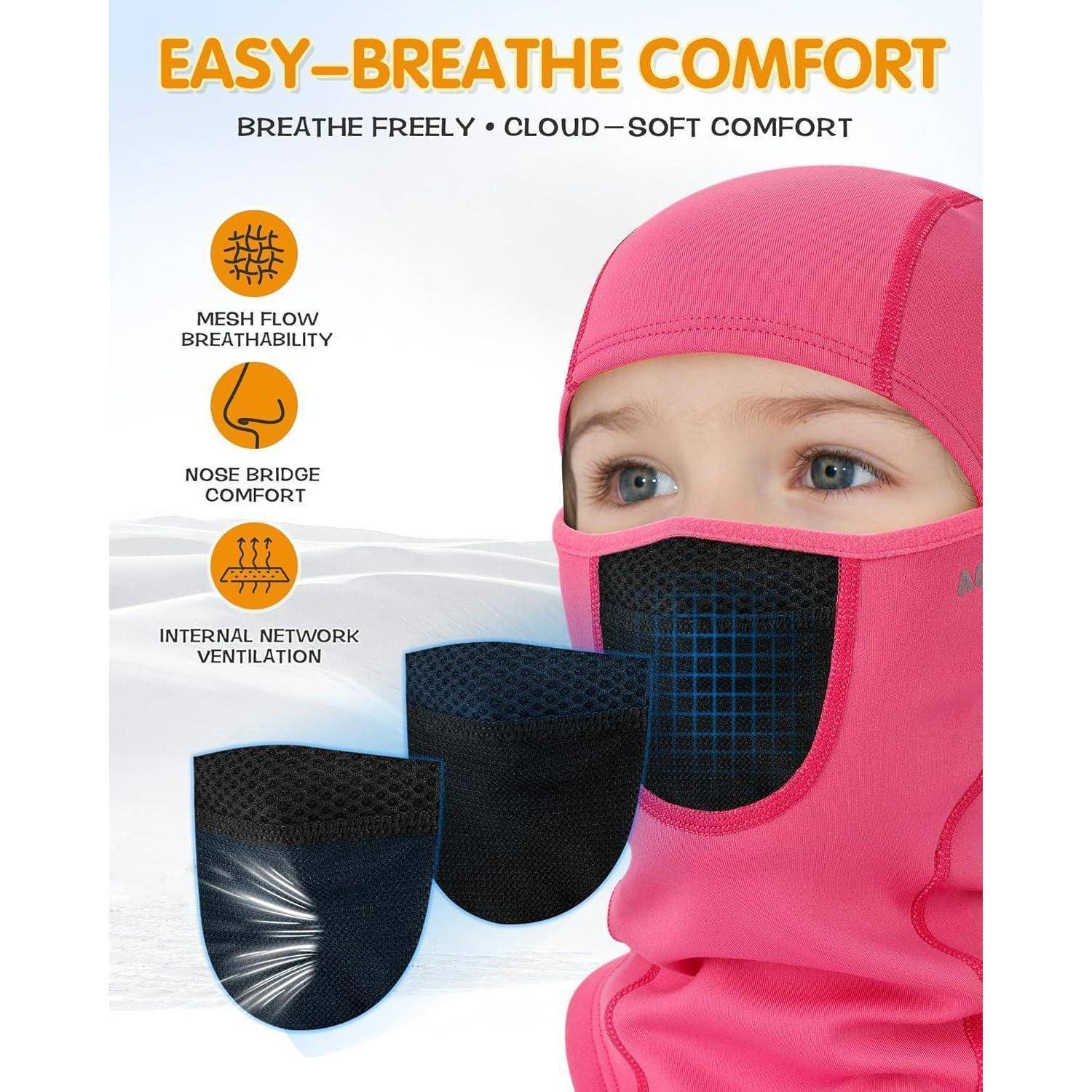 Rosa Gesichtsmaske mit Kapuze für Kinder, mit der Bezeichnung „Easy-Breathe Comfort", die die Mesh-Atmungsaktivität, den Tragekomfort an der Nasenwölbung und die innere Belüftung hervorhebt.