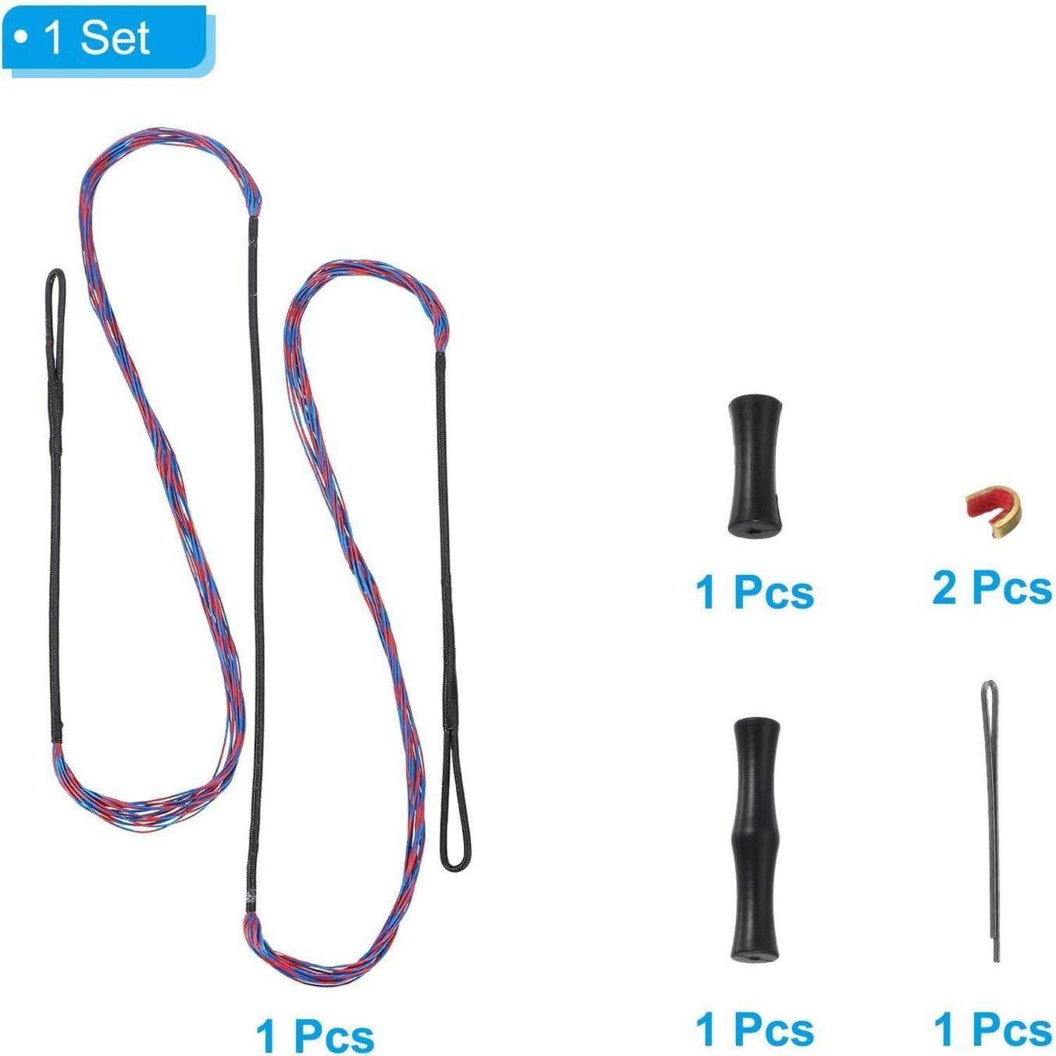 Produktbild mit einem Set geflochtener Schnurösen mit zwei schwarzen Griffen, einem kleinen roten Haken und einem nadelartigen Werkzeug, gekennzeichnet mit „1 Set