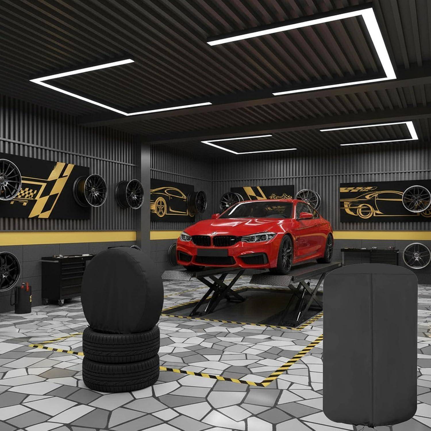Rotes Sportkupé auf einer Hebebühne in einer modernen Autopflegeanstalt oder Reifenwerkstatt, umgeben von an der Wand montierten Rädern und Werkstattausrüstung.