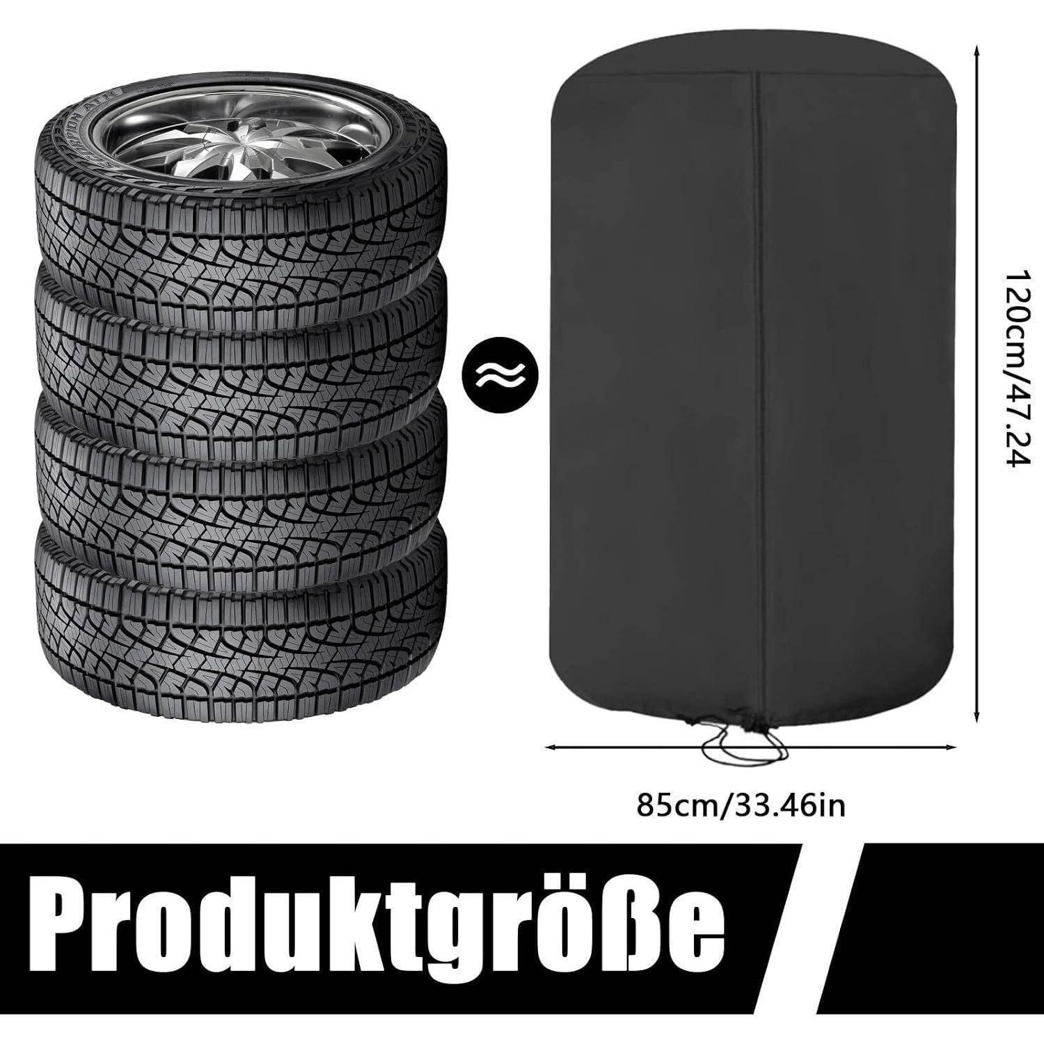 Vergleichsbild zeigt gestapelte Reifen neben einer schwarzen Reifenlagerungstasche mit der Bezeichnung „Produktgröße" und Taschenabmessungen von 85 cm Breite und 120 cm Höhe.