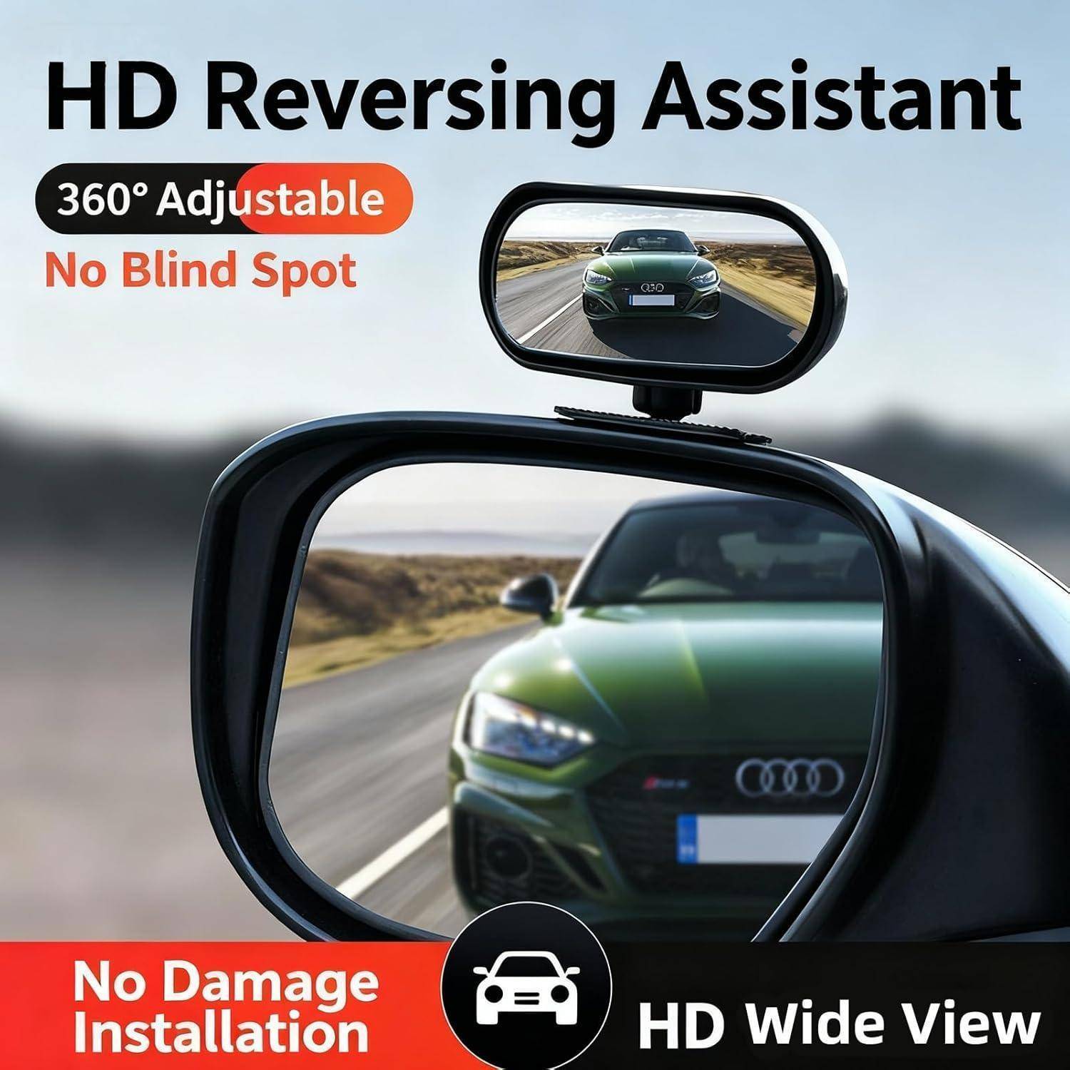 Werbebild eines HD-Rückfahrassistent-Spiegels, der ein Auto dahinter zeigt, mit Text '360° Verstellbar', 'Kein toter Winkel', 'Beschädigungsfreie Installation' und 'HD Weitwinkelansicht'.