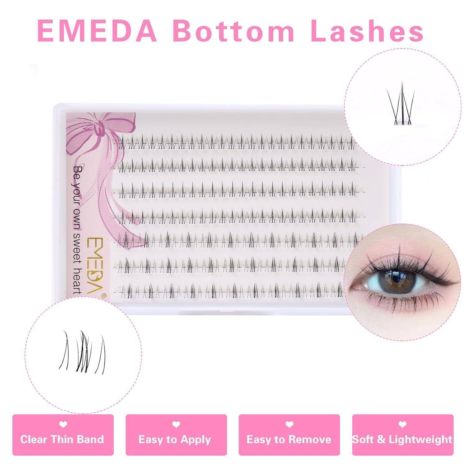 Produktbild von EMEDA-Wimpern für unten in einem Tablett, mit Nahaufnahmen von Augen-Beispielen und Funktionsetiketten: „Klares dünnes Band