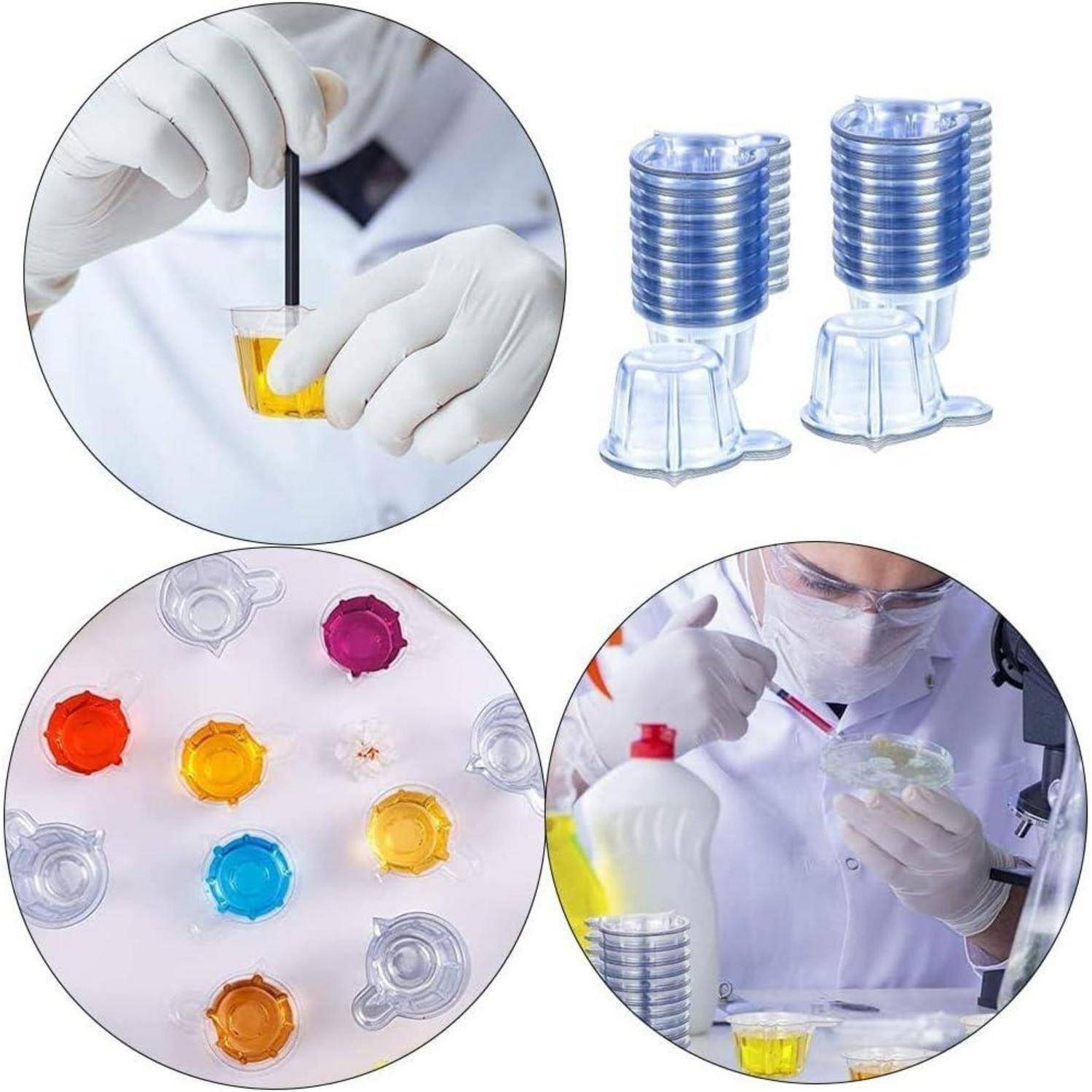 Collage von Laborarbeitern, die Flüssigkeit in Filterbechern handhaben, und eine transparente 6-Well-Platte mit farbigen Proben, die auf einen Filtrations- oder Testprozess hindeuten.
