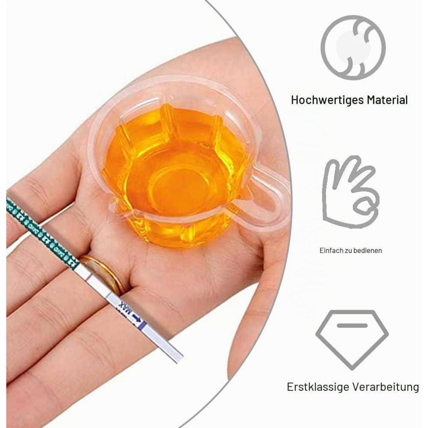 Hand hält einen kleinen orangefarbenen flüssigen Testbecher und einen Teststreifen mit deutschen Etiketten, die hochwertige Materialien, einfache Bedienung und erstklassige Verarbeitung hervorheben.